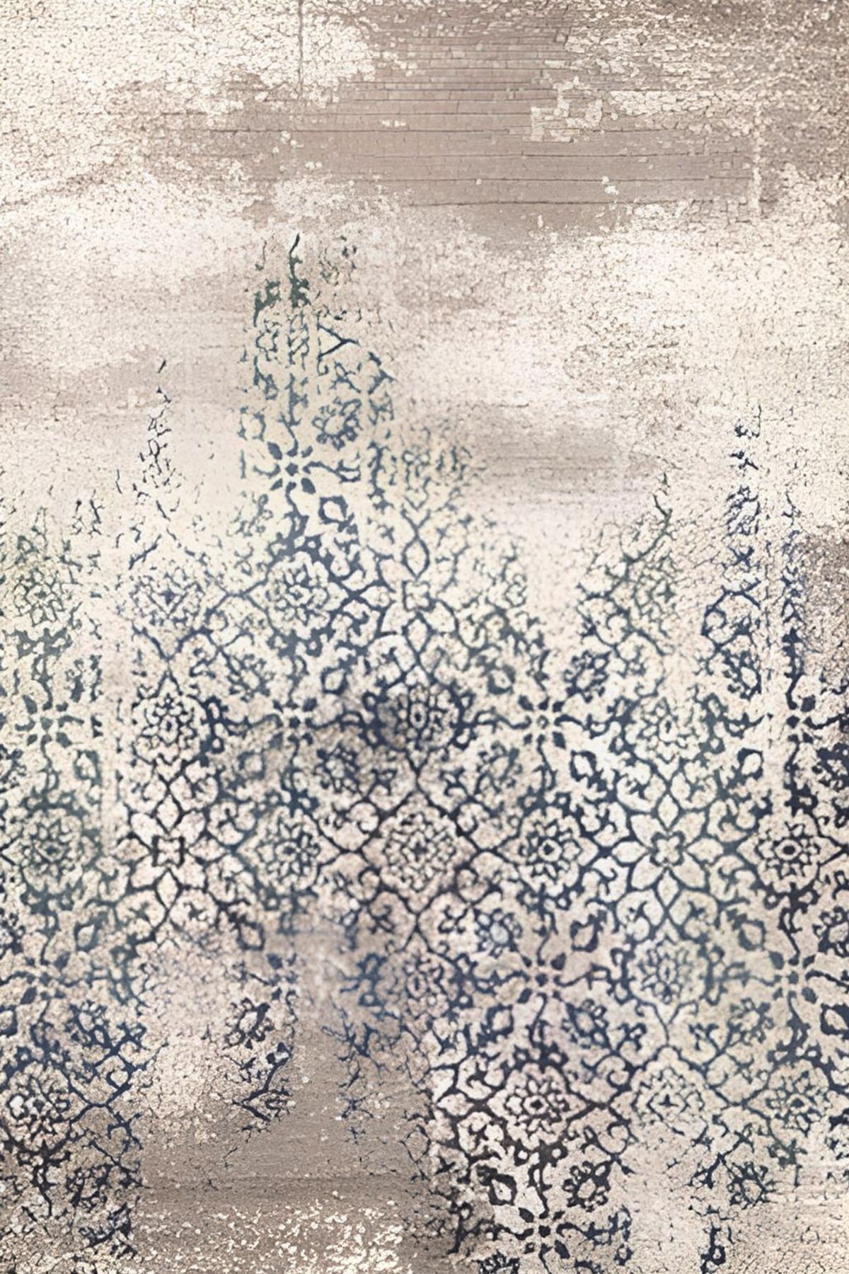 Bej Temalı Yeşil Çiçek Motifli Modern Dekoratif Halı 1673