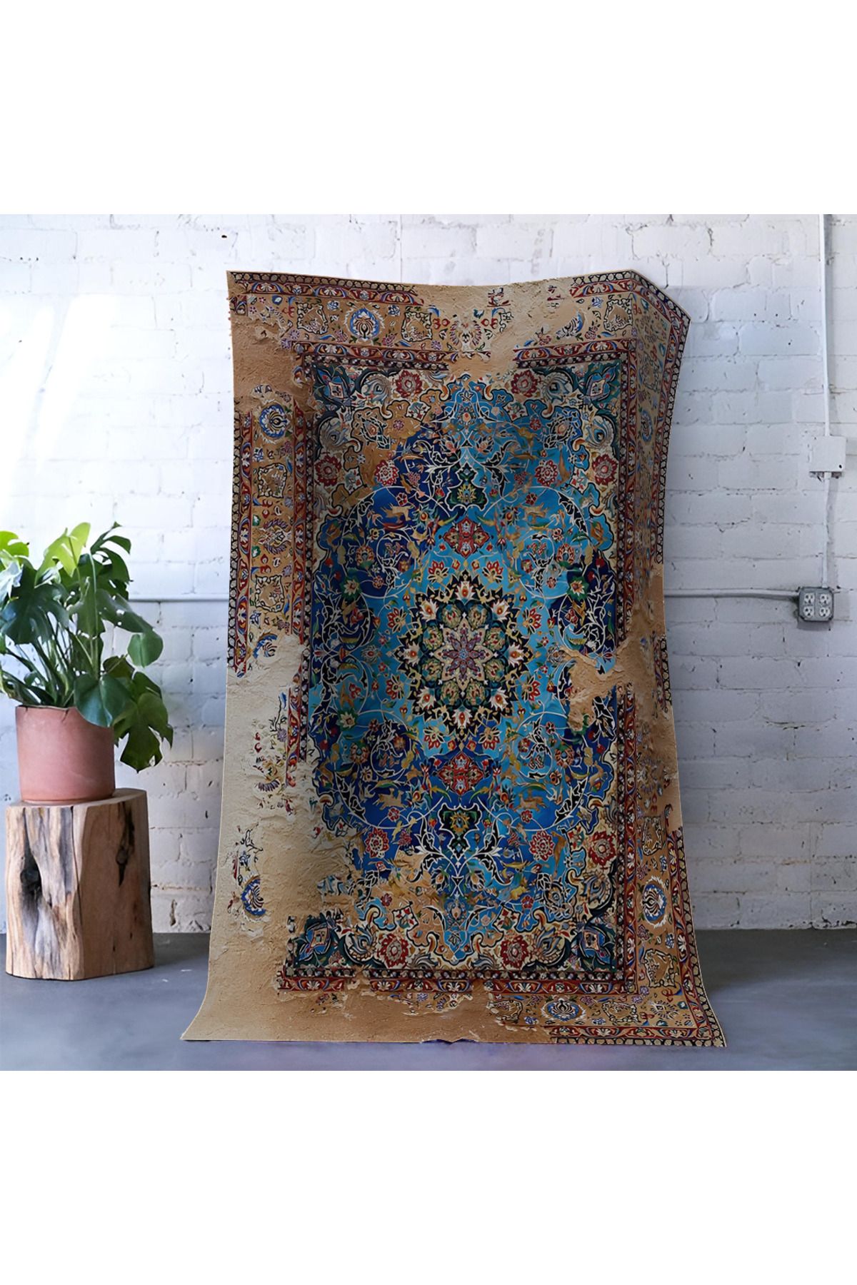 Mavi Bej Temalı Geleneksel Motif Soyut Desenli Modern Dekoratif Halı 1666