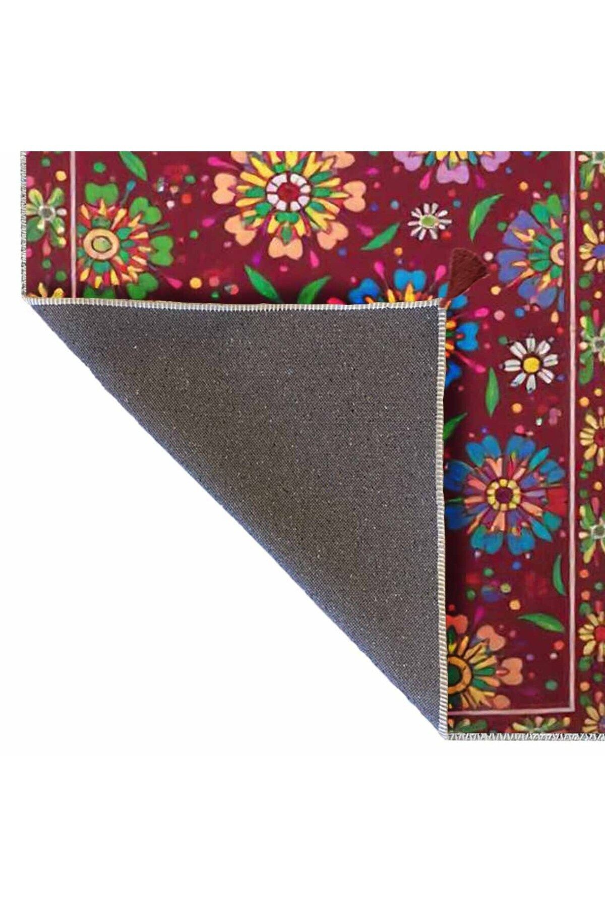 Haryana Koleksiyonu Bordo Tema ve Çiçek Motifleri Desenli Dokuma Taban Vintage Dekoratif Halı 21