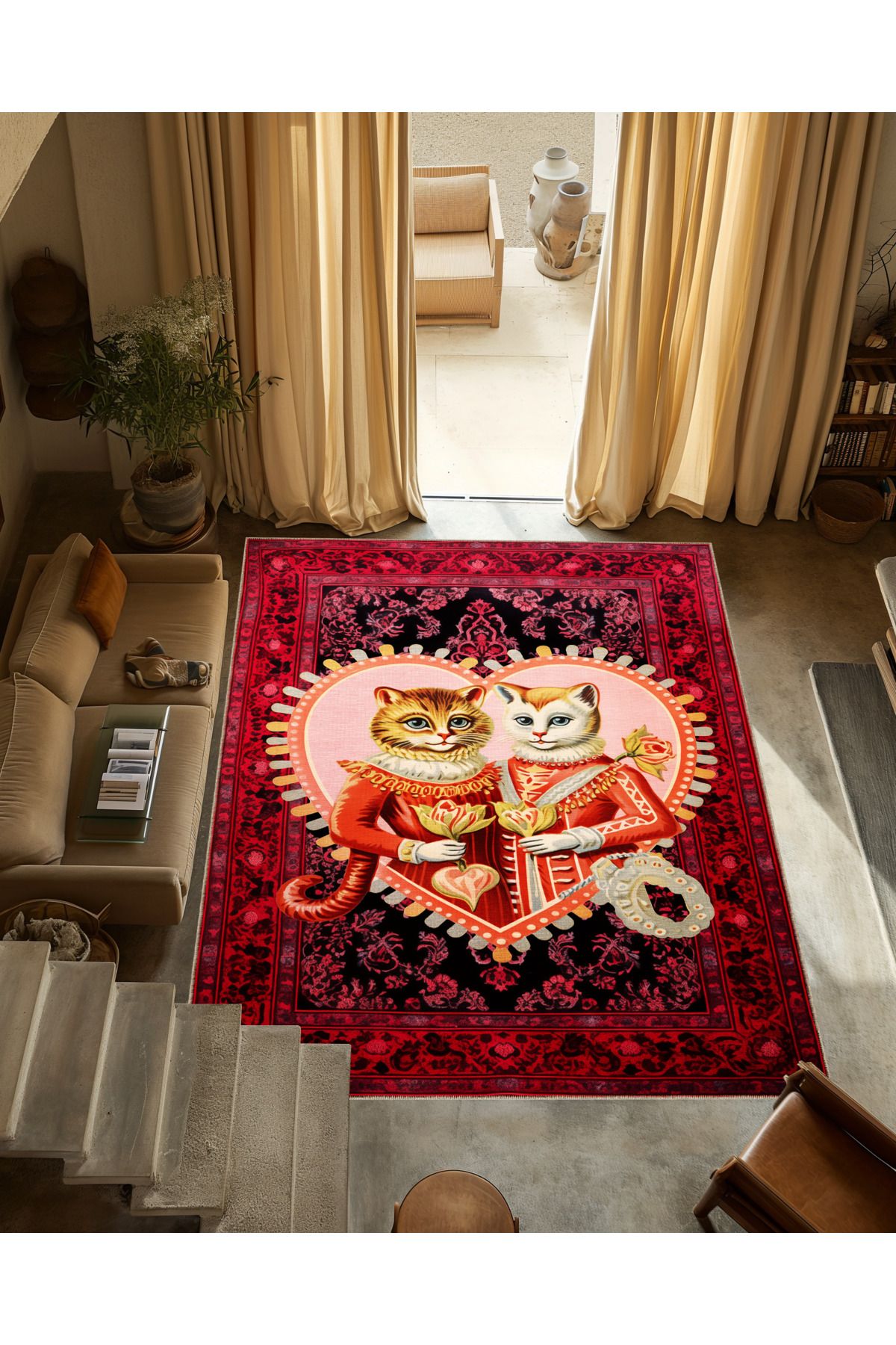 Dido 2 Koleksiyonu Kırmızı Pembe Temalı Motifli Asil Kedi Desenli Vintage Dekoratif Halı 3238