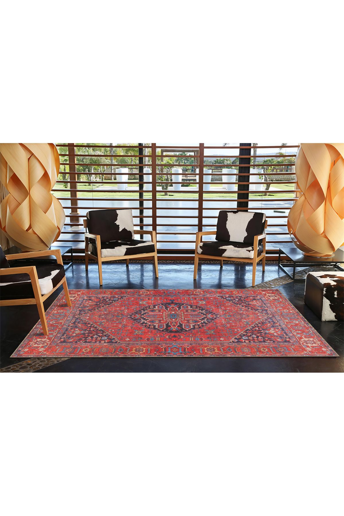 Kırmızı Renklerde Geleneksel Modern Desenli Dekoratif Halı miravip564