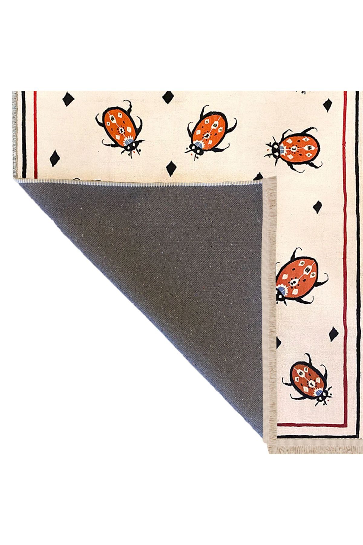 Emre Koleksiyonu Bej Temalı Çerçeveli Böcekler Desenli Dokuma Taban Kreatif Modern Dekoratif Halı 19