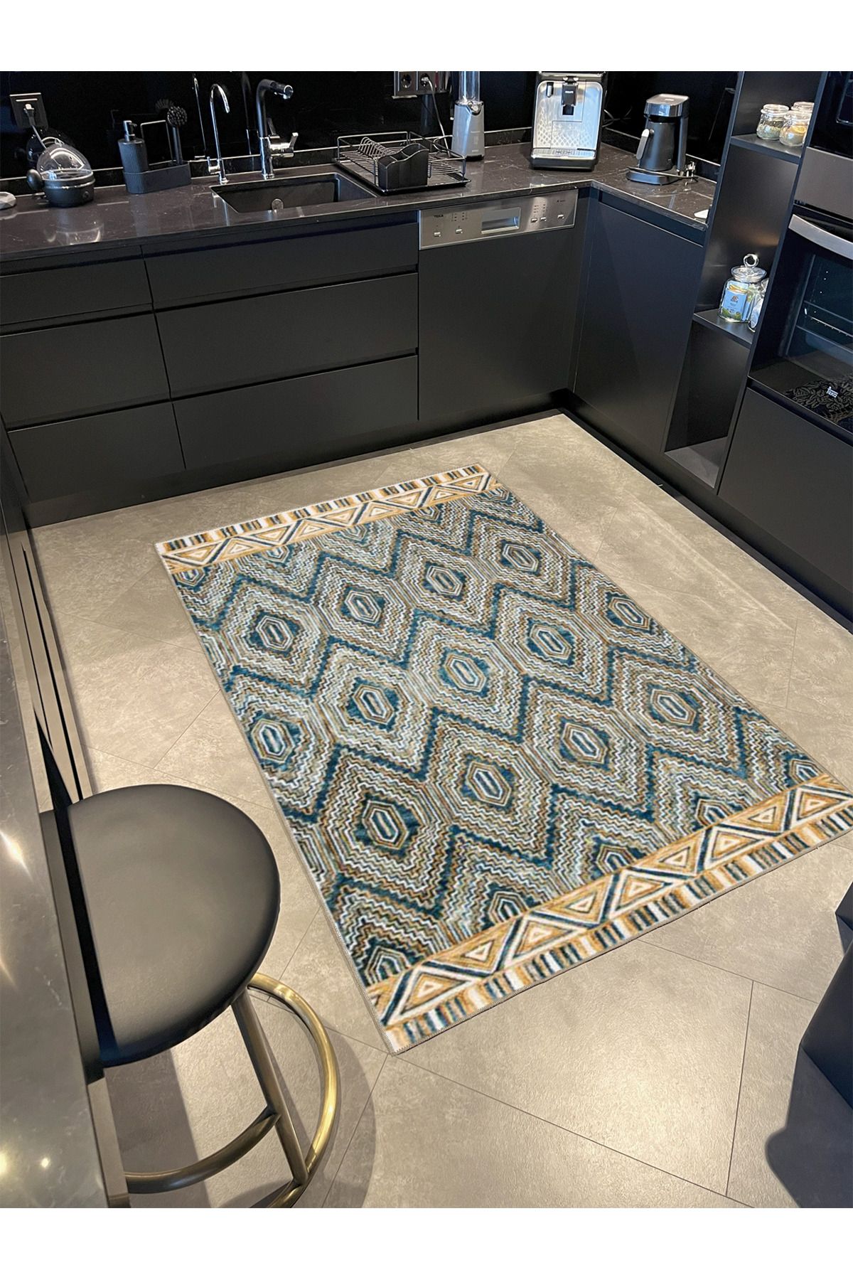 Mavi Bej Temalı Geleneksel Motif Desenli Vintage Dekoratif Halı 4637