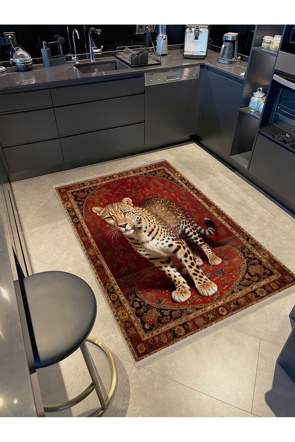 Buse Koleksiyonu Geleneksel Motifli Leopar Detaylı Desenli Dokuma Taban Modern Dekoratif Halı buse33