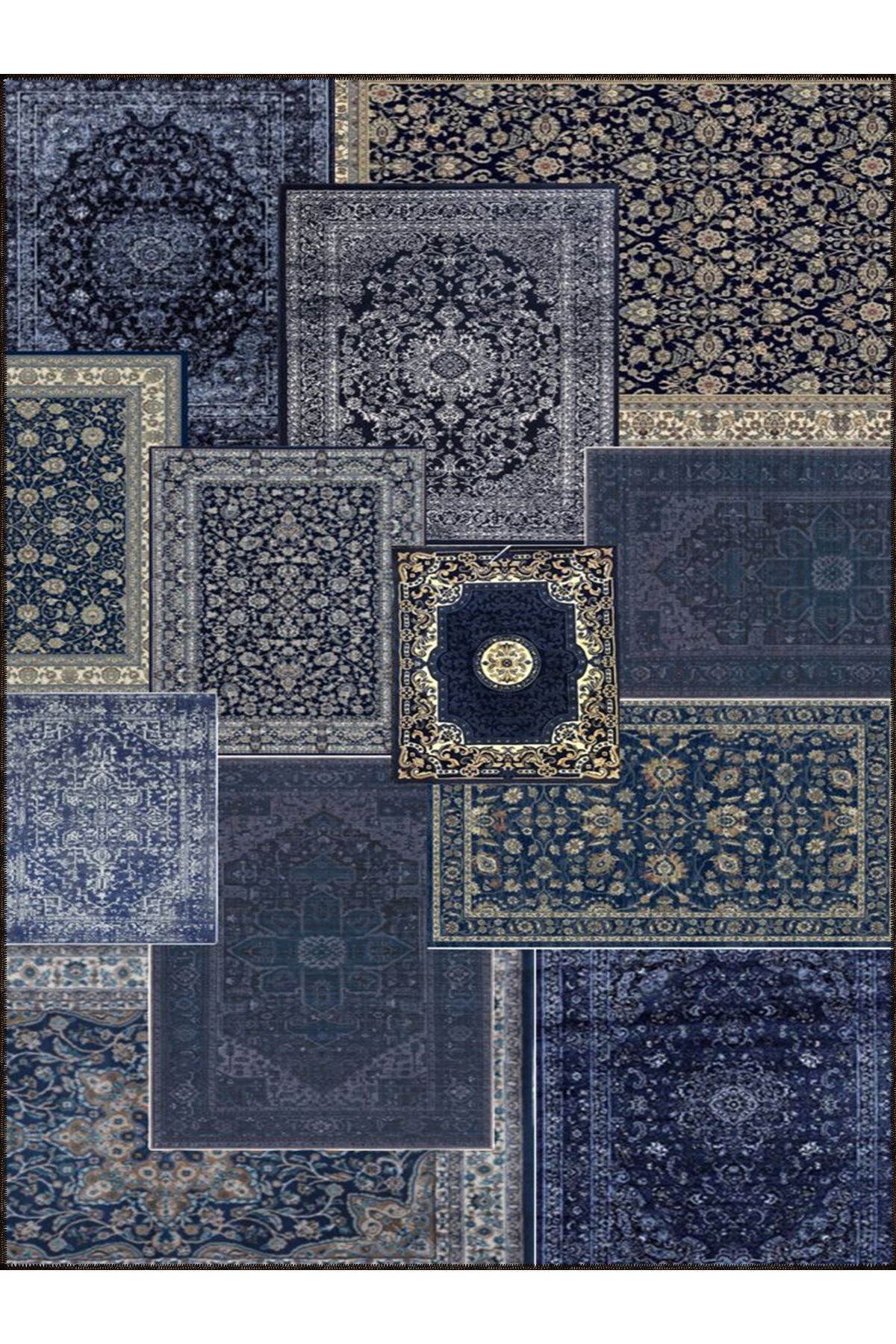 Kuvars Koleksiyonu Mavi Tonlarda Vintage Motifler Desenli Dokuma Taban Etnik Dekoratif Halı kuvars11