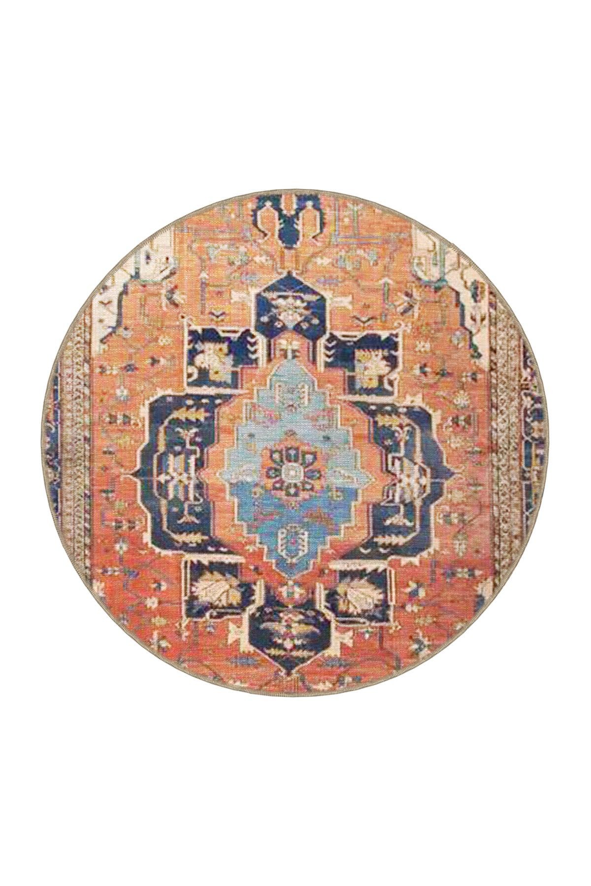 Turuncu Lacivert Temalı Geleneksel Motif Desenli Vintage Dekoratif Halı 3831