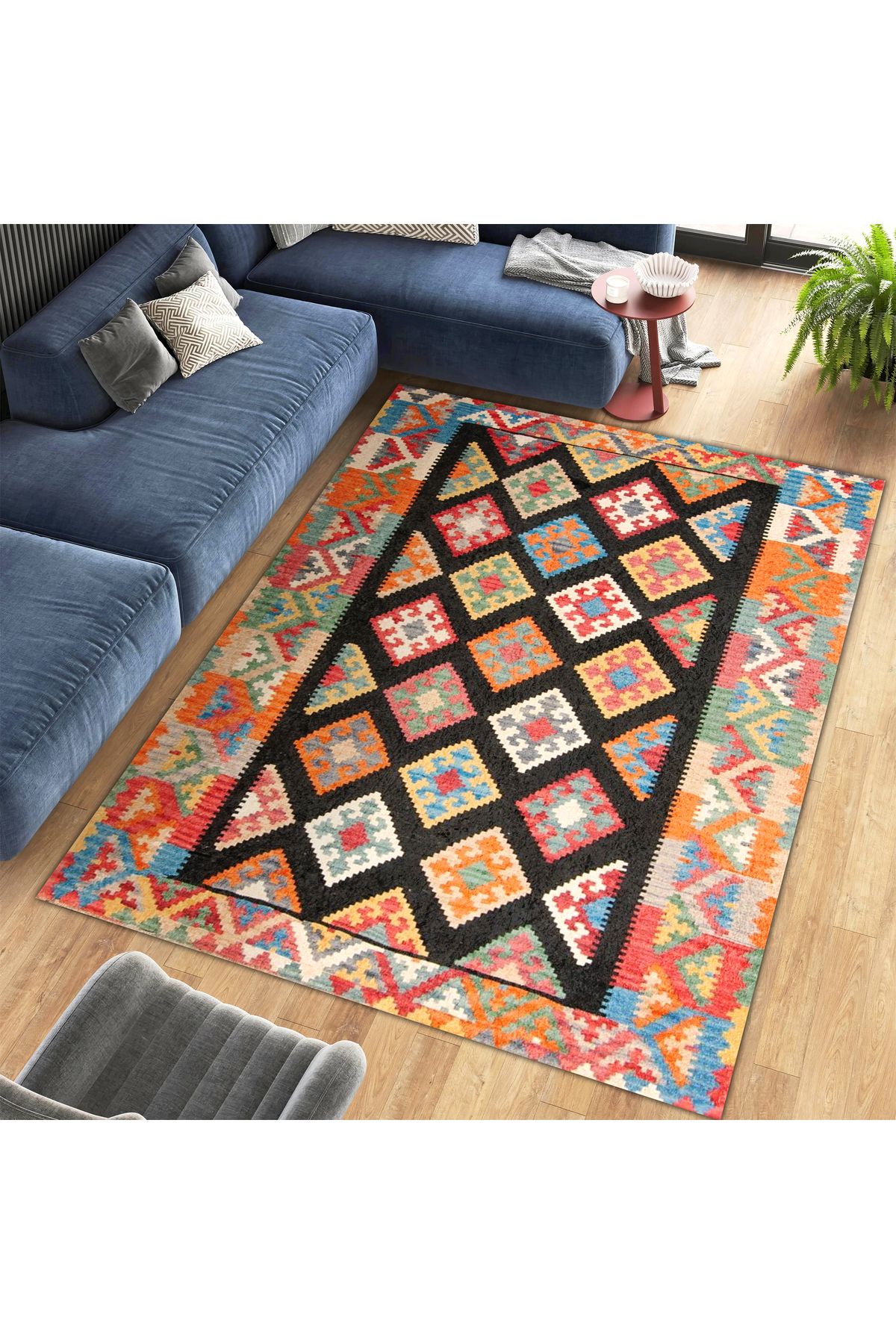Aysu Koleksiyonu Çok Renkli Etnik Desenli Siyah Detaylı Dokuma Taban Modern Dekoratif Halı aysu12