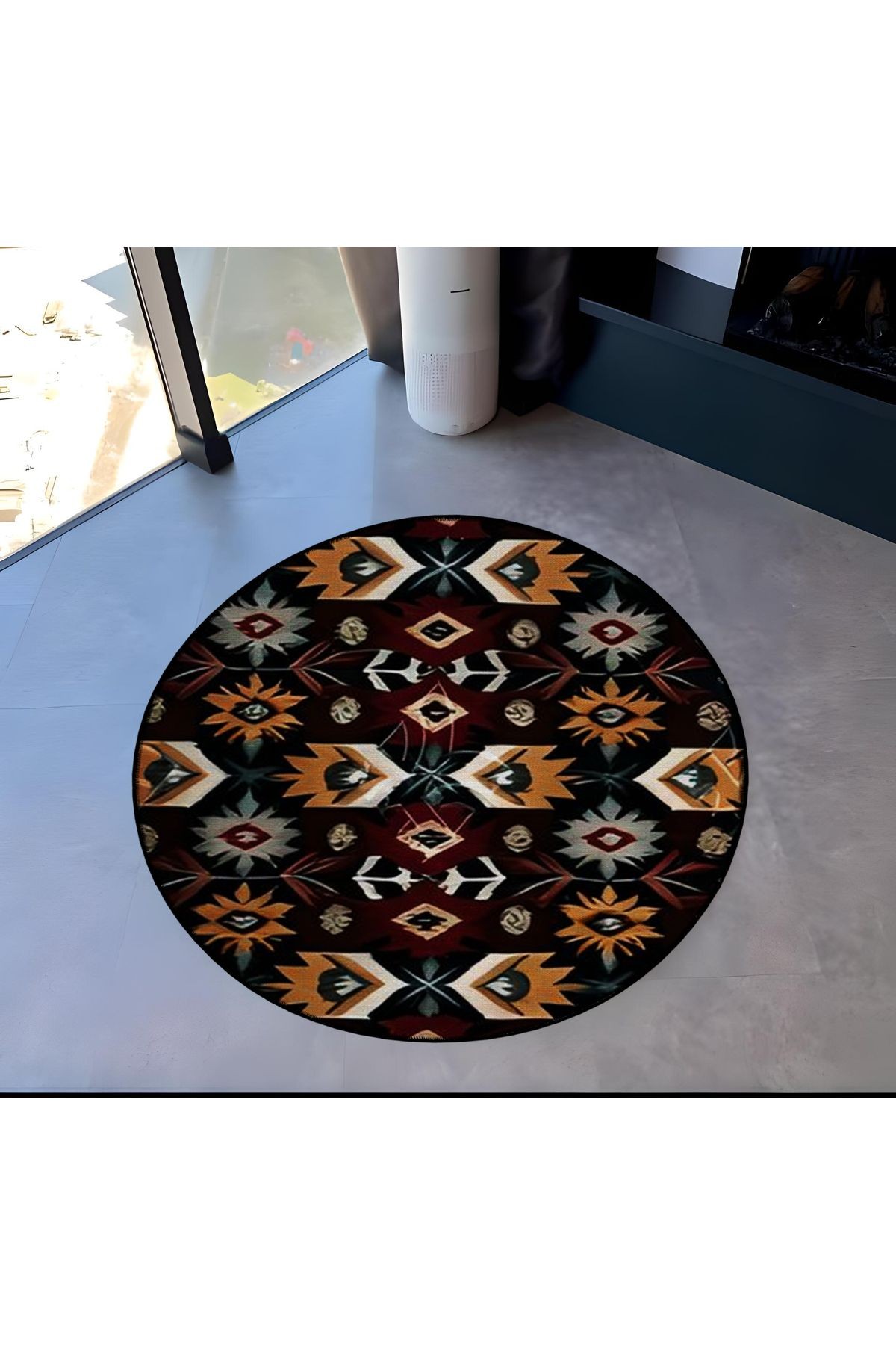 Koyu Ton Karma Etnik Motif Desenli Yuvarlak Dokuma Taban Vintage Dekoratif Halı 6076
