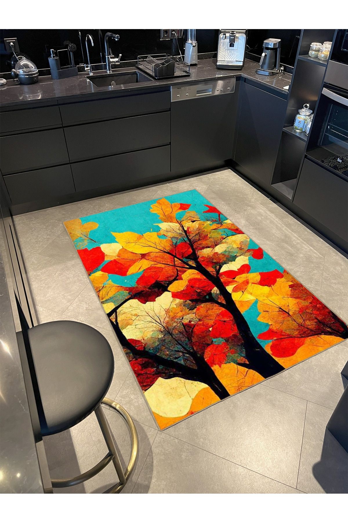 Mavi ve Turuncu Temalı Floral Çiçekli Dekoratif Yıkanabilir Halı miravip8996