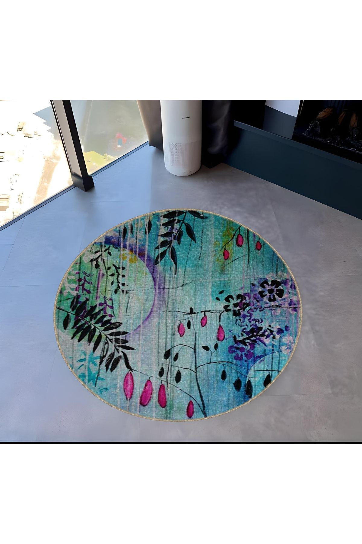 Çok Renkli Soyut Çiçekli Desenli Yuvarlak Dokuma Taban Modern Dekoratif Halı 6052
