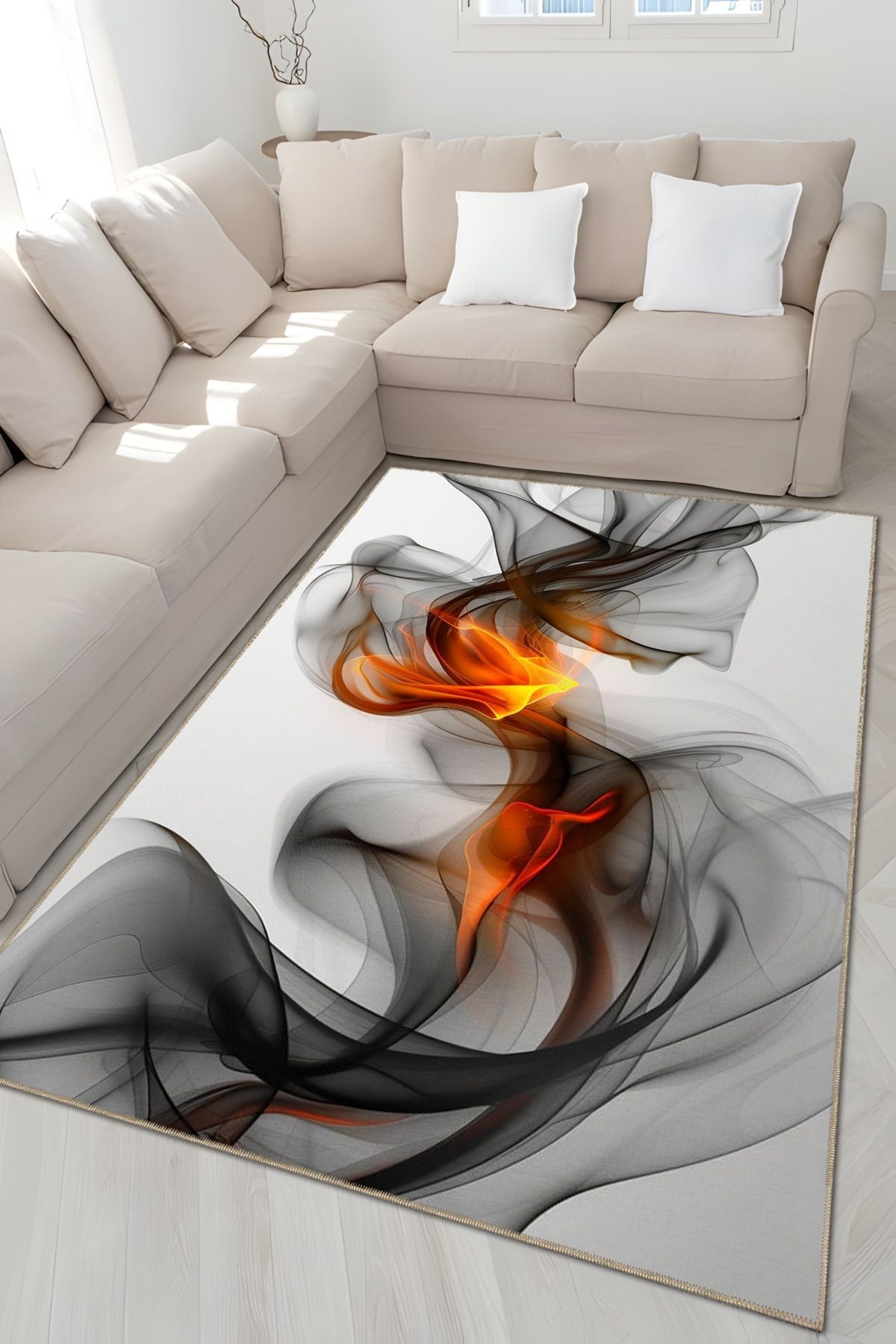 Gri Temalı Soyut Duman ve Alev Desenli Kreatif Modern Dekoratif Halı 4964