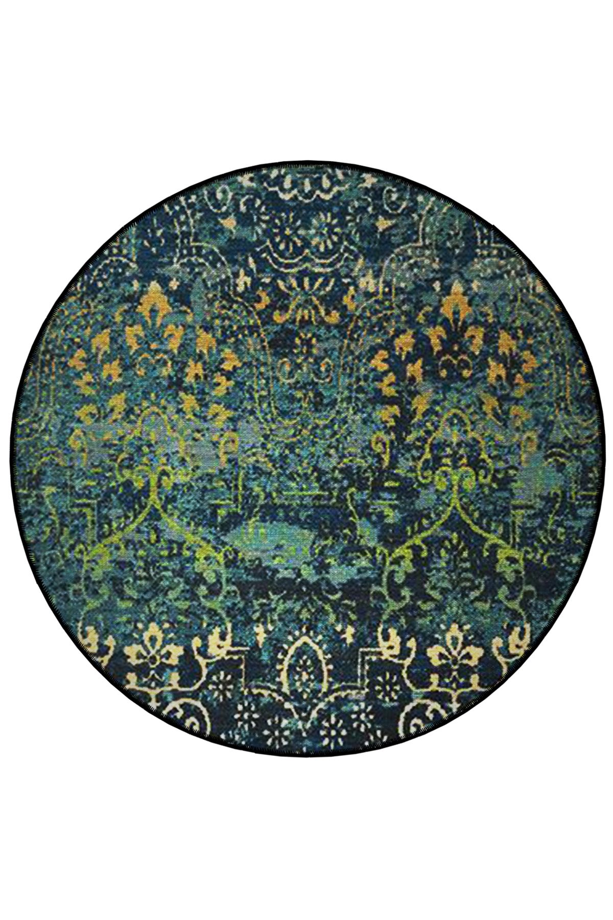 Koyu Yeşil Tema Motifli Geleneksel Desenli Yuvarlak Dokuma Taban Vintage Dekoratif Halı 6161