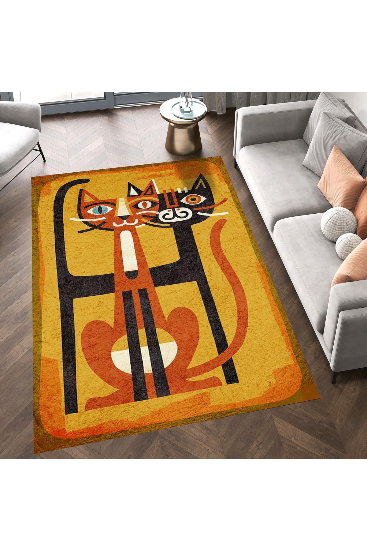 Kuzey Koleksiyonu Turuncu Tonlarda İki Kedi Desenli Dokuma Taban Modern Dekoratif Halı kuzey21