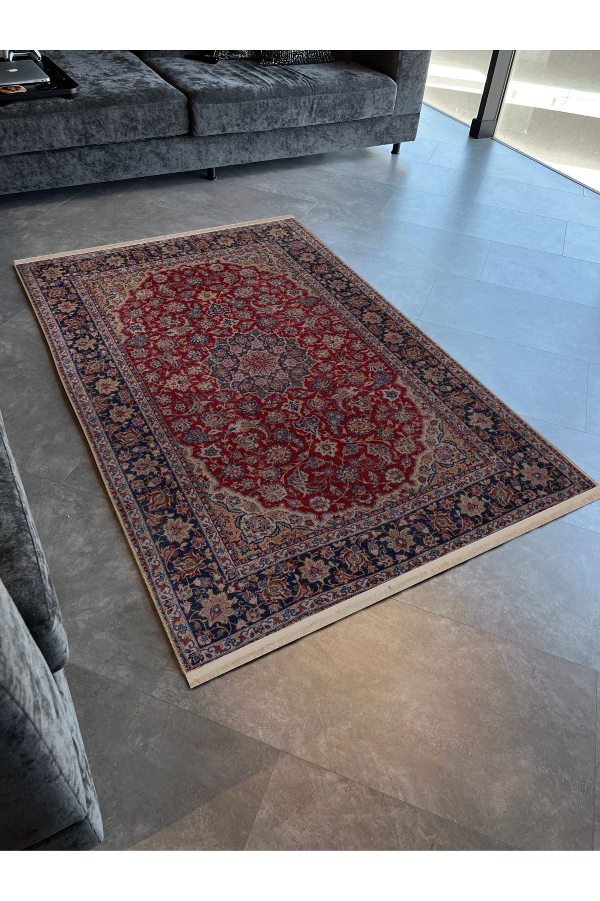 Bordo Bej Temalı Geleneksel Motif Etnik Çiçek Desenli Vintage Dekoratif Halı 2915