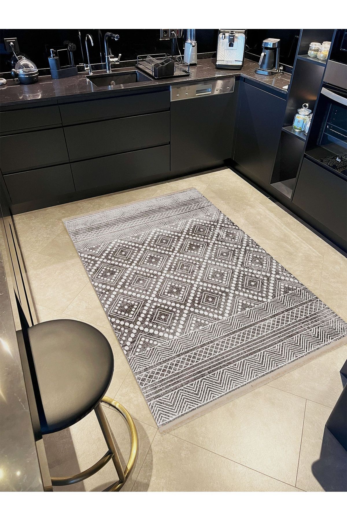 Alya Koleksiyonu Gri Beyaz Desenli Dokuma Taban Modern Dekoratif Halı alya34