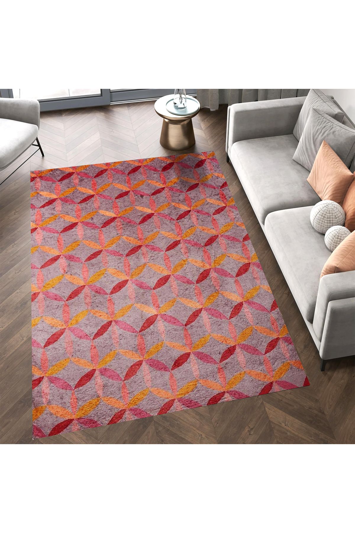 Mete Koleksiyonu Turuncu Tonlar Geometrik Şekiller Desenli Modern Dekoratif Halı 49