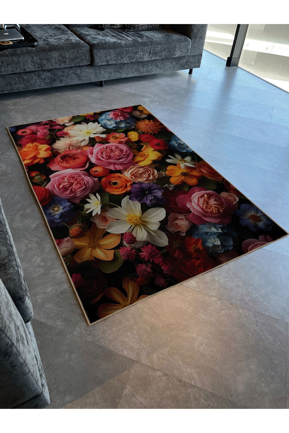Çok Renkli Çiçek Gül Papatya Desenli Kreatif Modern Dekoratif Halı 2899