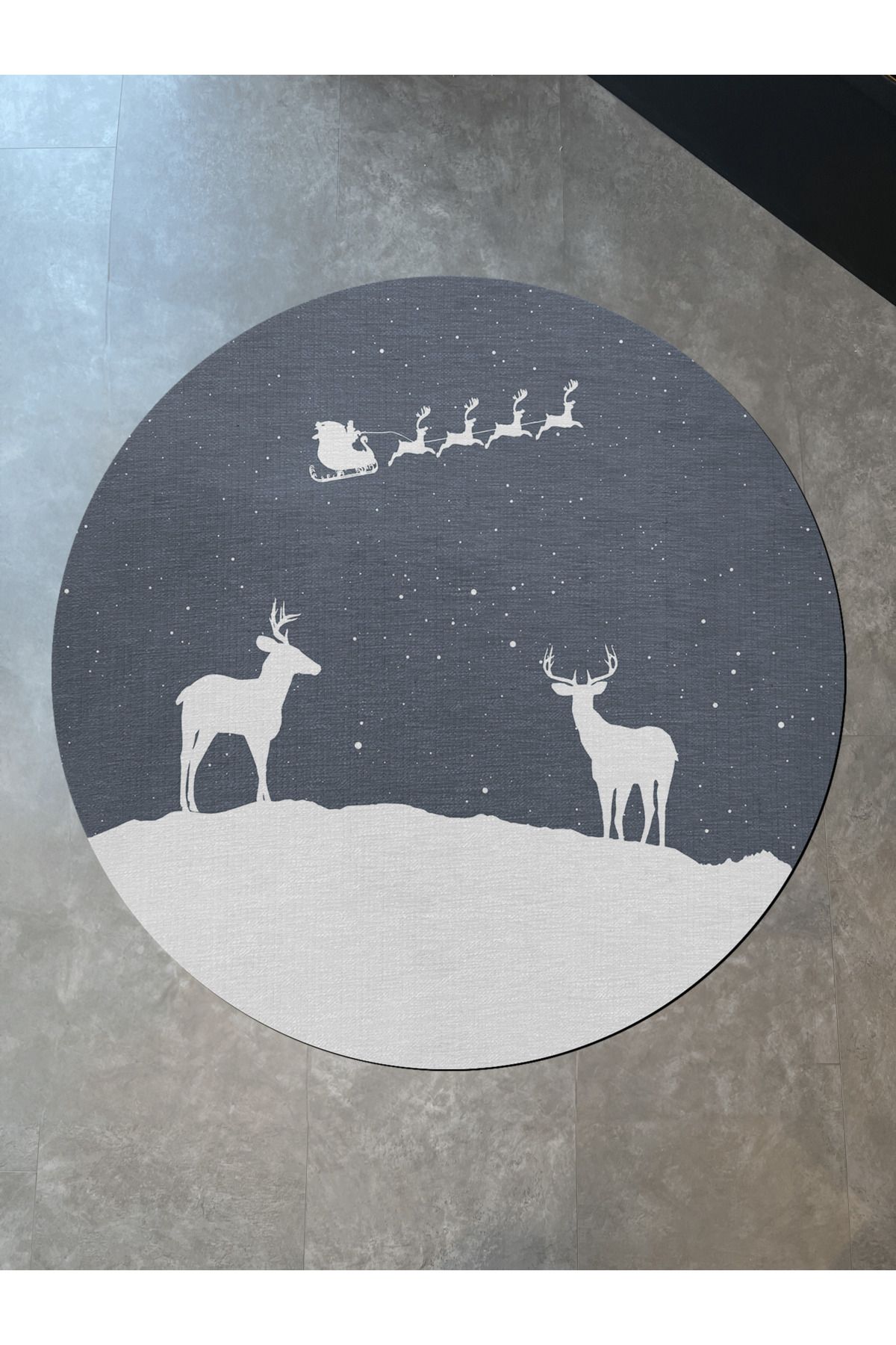 Mavi Yılbaşı Temalı Sürrealist Ay Geyik Desenli Modern Dokuma Taban Yuvarlak Dekoratif Halı 2248