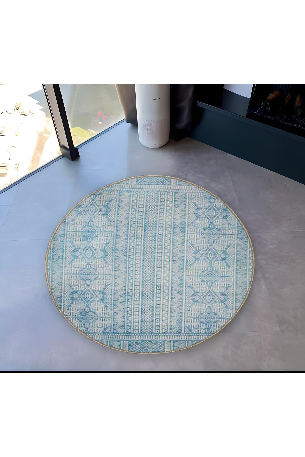 Mira Yuvarlak Açık Mavi Beyaz Etnik Desenli Dokuma Taban Modern Dekoratif Halı 5548