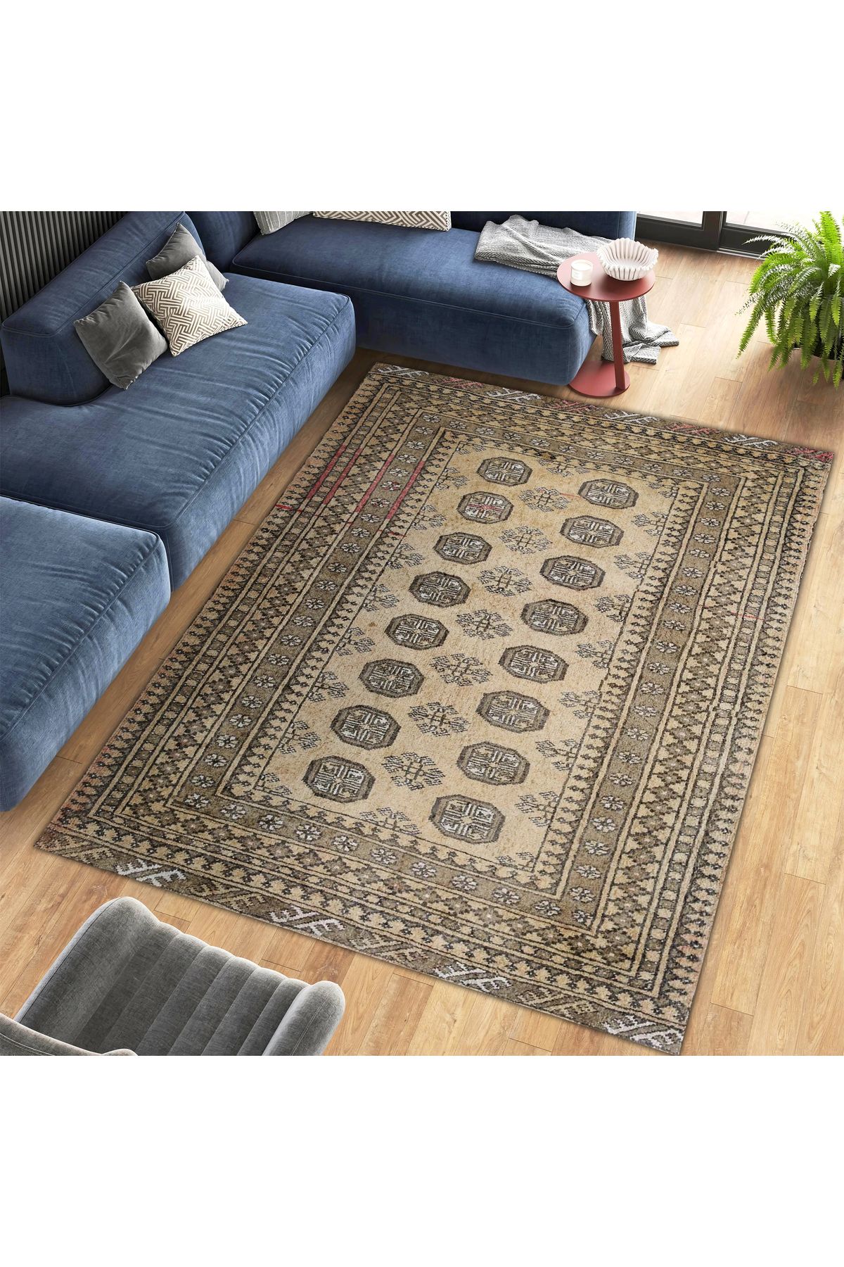 Mete Koleksiyonu Açık Kahve Temalı Bohem Detay Geleneksel Desenli Vintage Dekoratif Halı 27