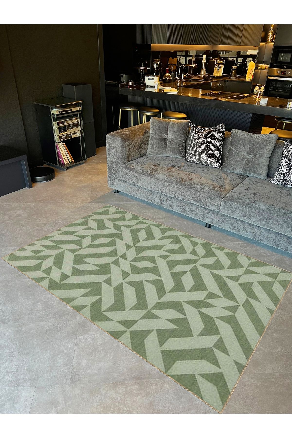 Ametist Serisi Yeşil Tonlarda Geometrik Detaylı Desen Dokuma Taban Modern Dekoratif Halı ametist67