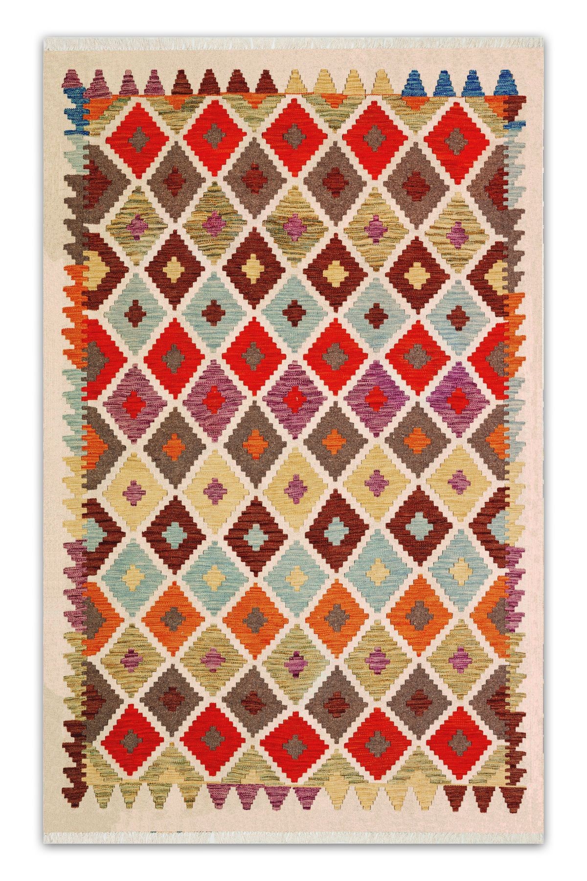 Cotton 573 Etnik Otantik Saçaklı Renkli Dokuma Taban Kilim