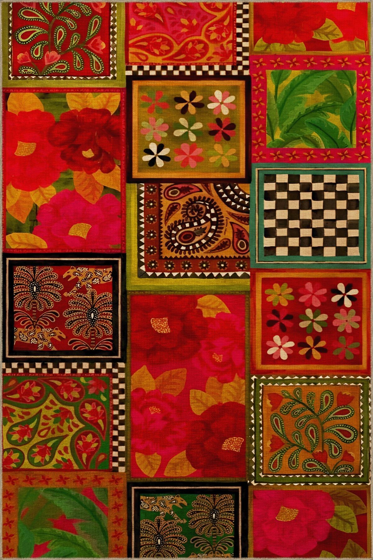 Kırmızı Temalı Çok Renkli Karma Kare Şekil Çiçek Desenli Modern Dekoratif Halı 2007