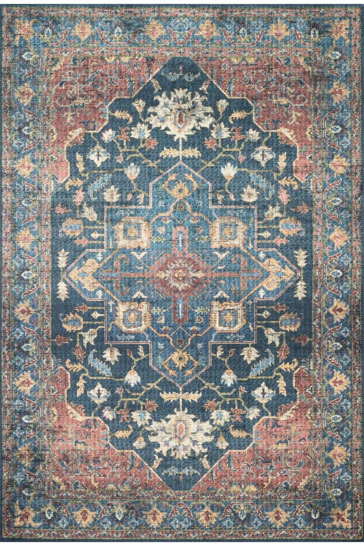 Etnik Klasik Lacivert Desenli Pastel Dokuma Taban Dijital Baskılı Halı Mira 1377