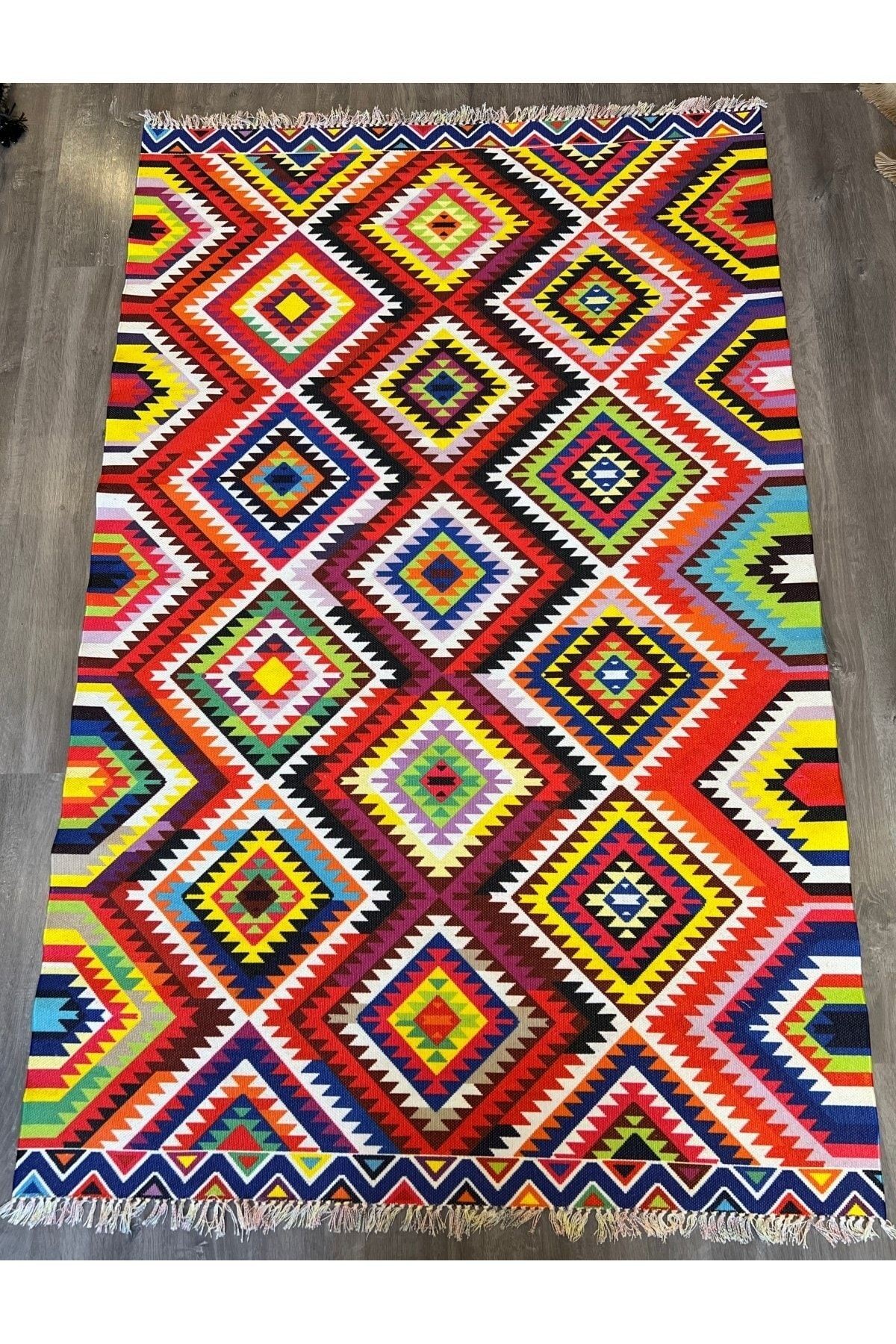 Cotton 549 Etnik Ve Vintage Desenli Çift Taraflı Çok Renkli Kilim