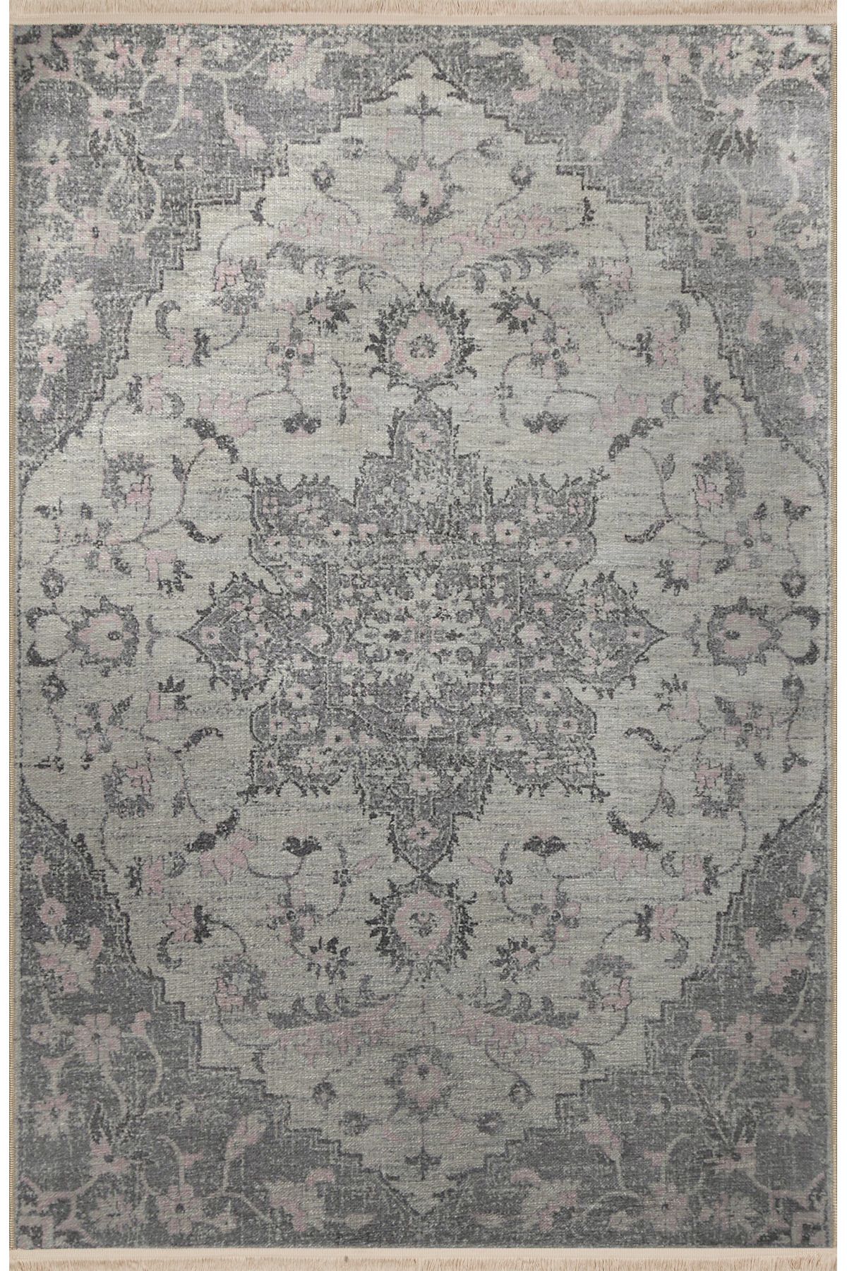 Gri Temalı Geleneksel Motif Çiçek Desenli Saçaklı Vintage Dekoratif Halı 3078