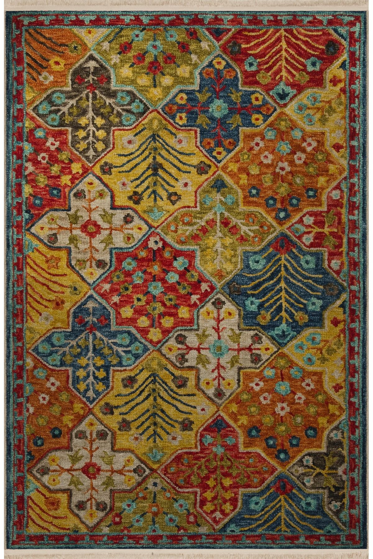 Çok Renkli Geleneksel Motif Çiçek Desenli Kreatif Vintage Dekoratif Halı 2900