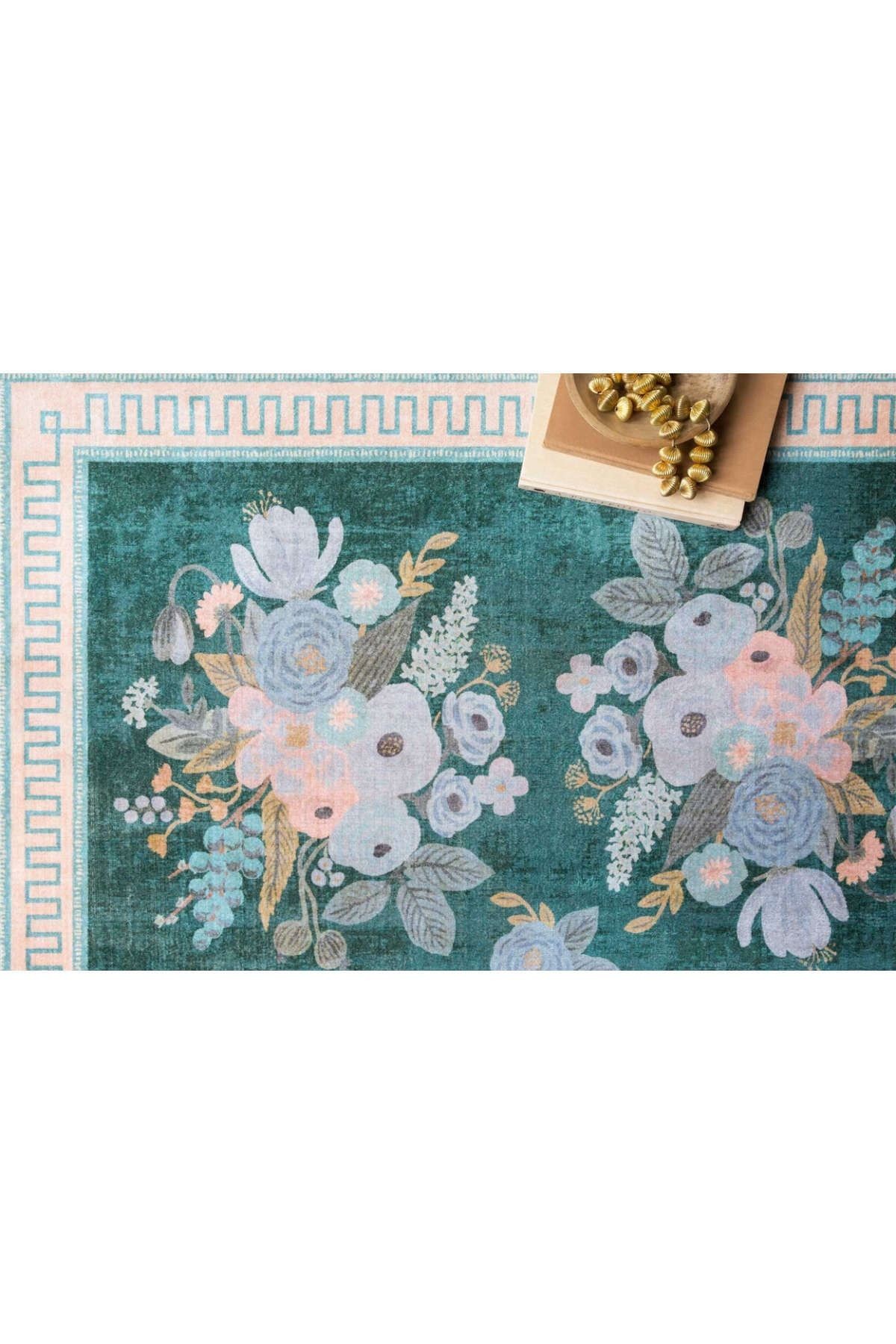 Floral Mira Mint Yeşil Lila Pastel Çiçek Desenli Renkli Dokuma Taban Halı Mira 1310
