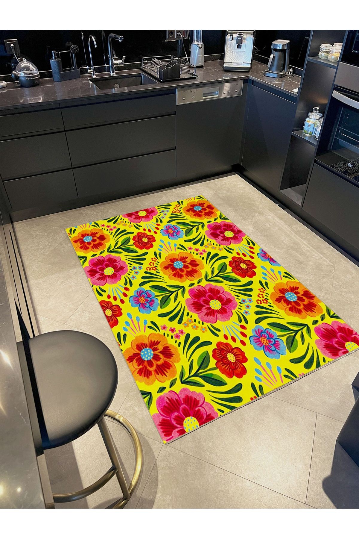 Kemal Koleksiyonu Sarı Temalı Floral Çiçek Figürleri Desenli Dokuma Taban Modern Dekoratif Halı 21