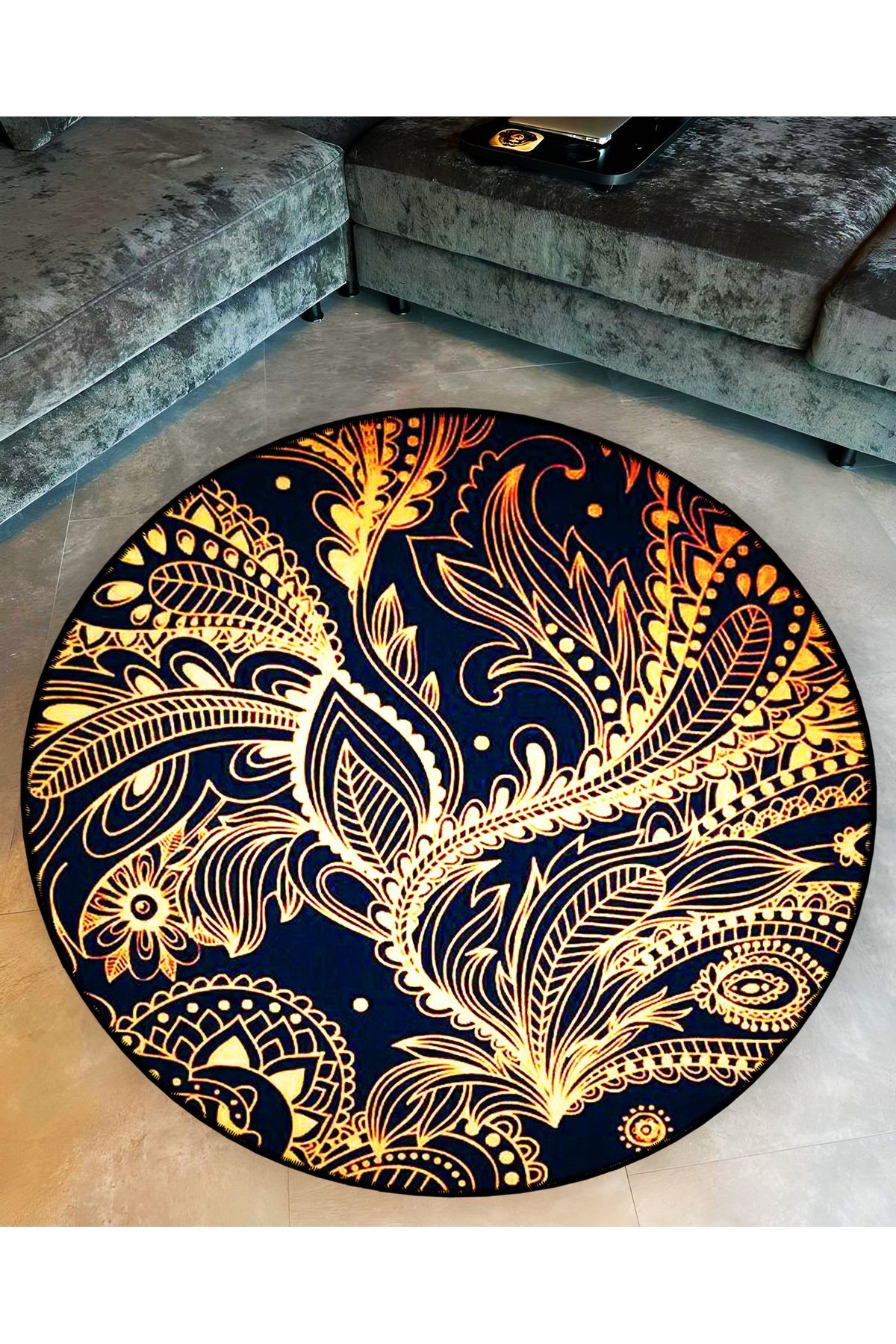 Mira Yuvarlak Siyah Sarı Etnik Desenli  Dokuma Taban Dekoratif Halı 5731