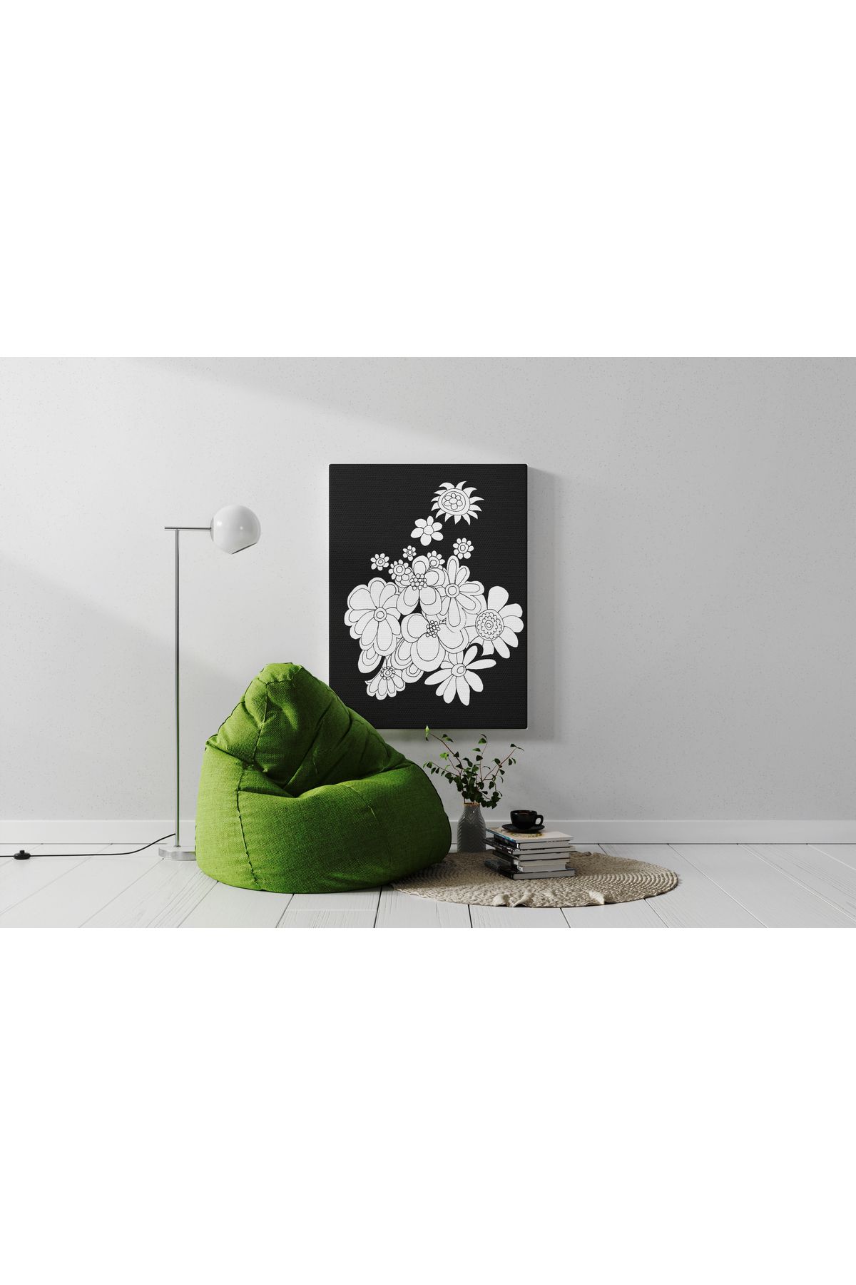 Kanvas Tablo Siyah Temalı Beyaz Çiçekli Temalı Modern Tablo