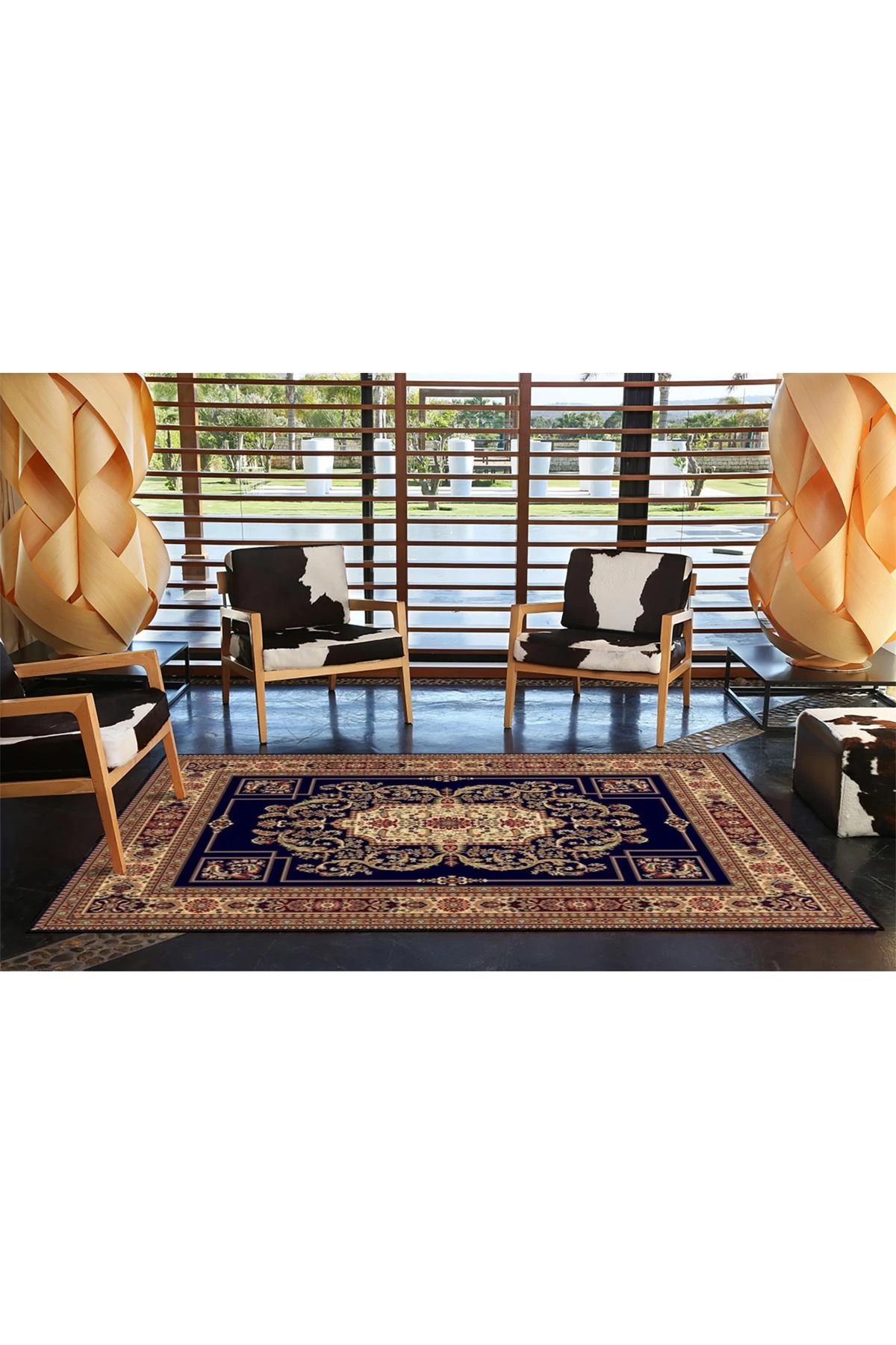 Kreatif Geometrik Sarı Lacivert Tonlu Dekoratif Halı miravip197