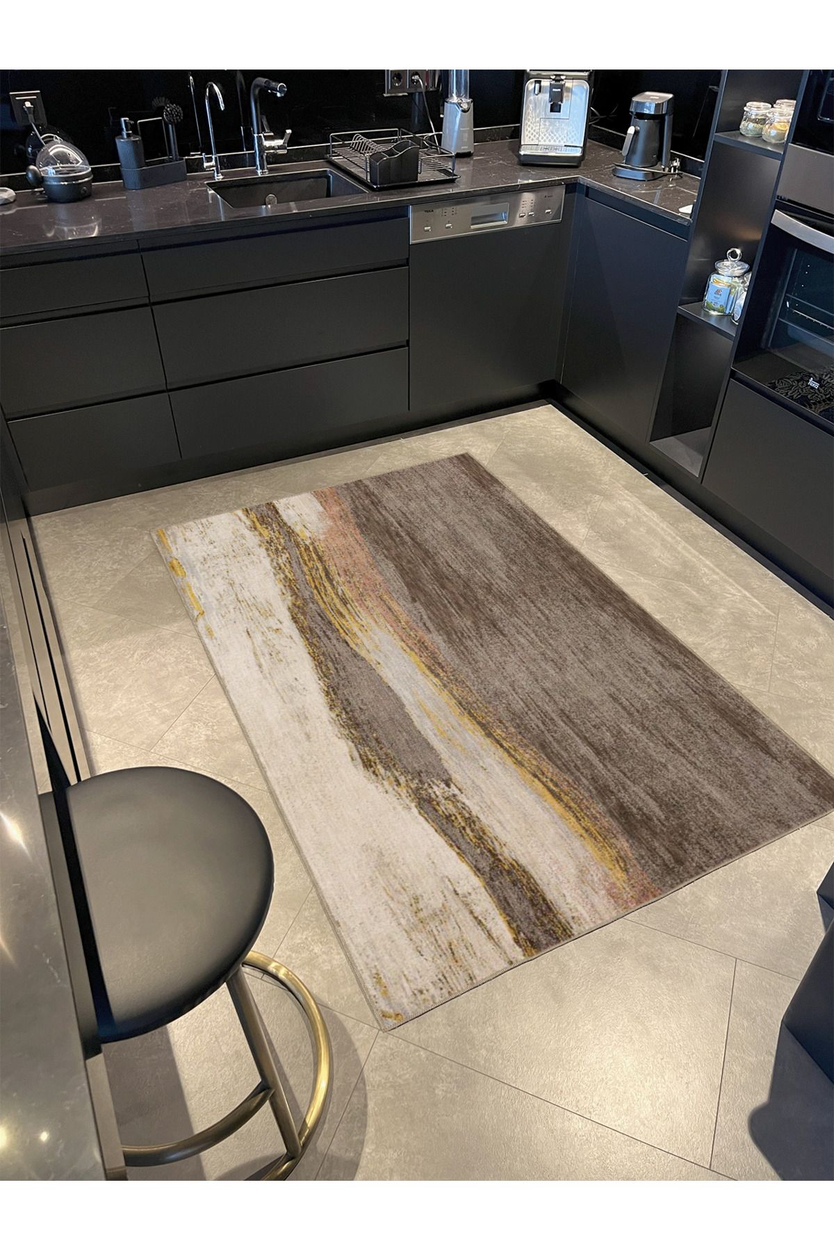 Kahverengi Bej Temalı Soyut Abstract Desenli Modern Dekoratif Halı 3894