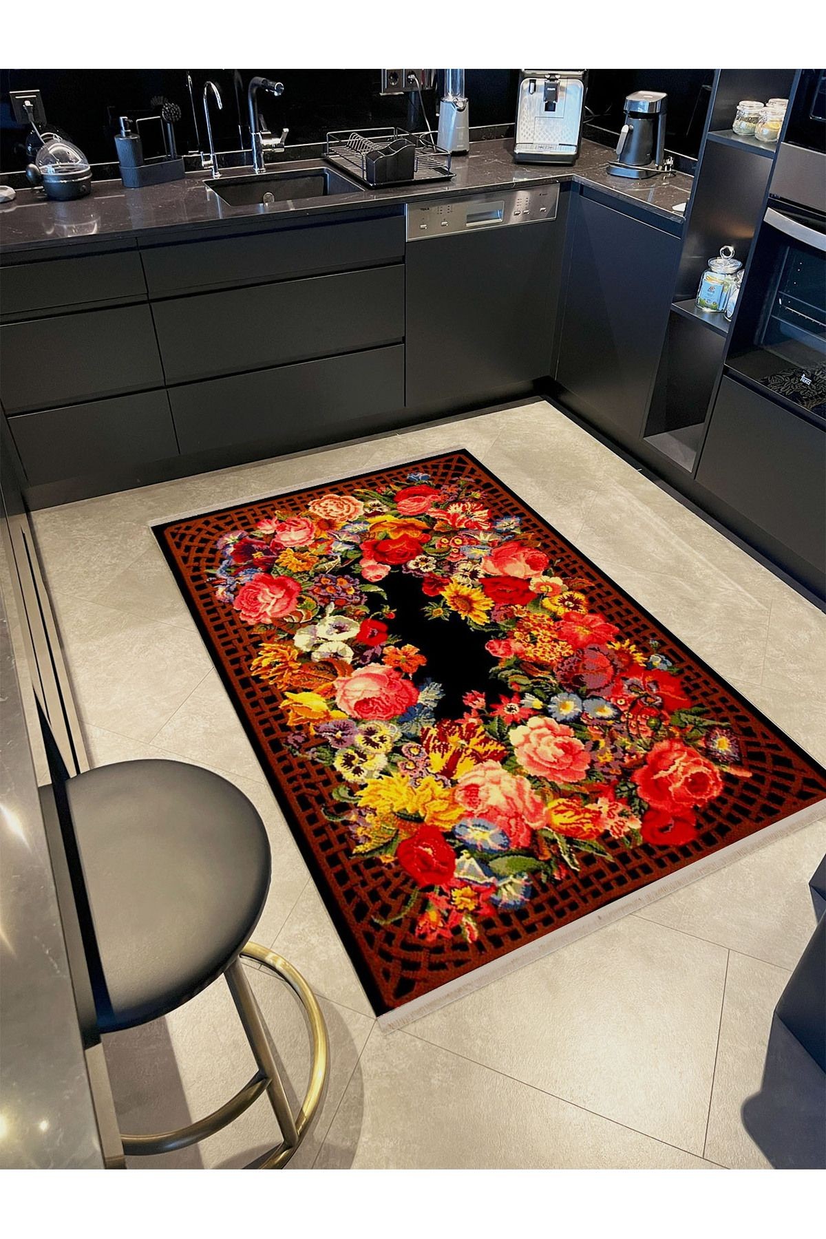 Kemal Koleksiyonu Çok Renkli Gül Motifleri ve Etnik Desenli Dokuma Taban Modern Dekoratif Halı 13