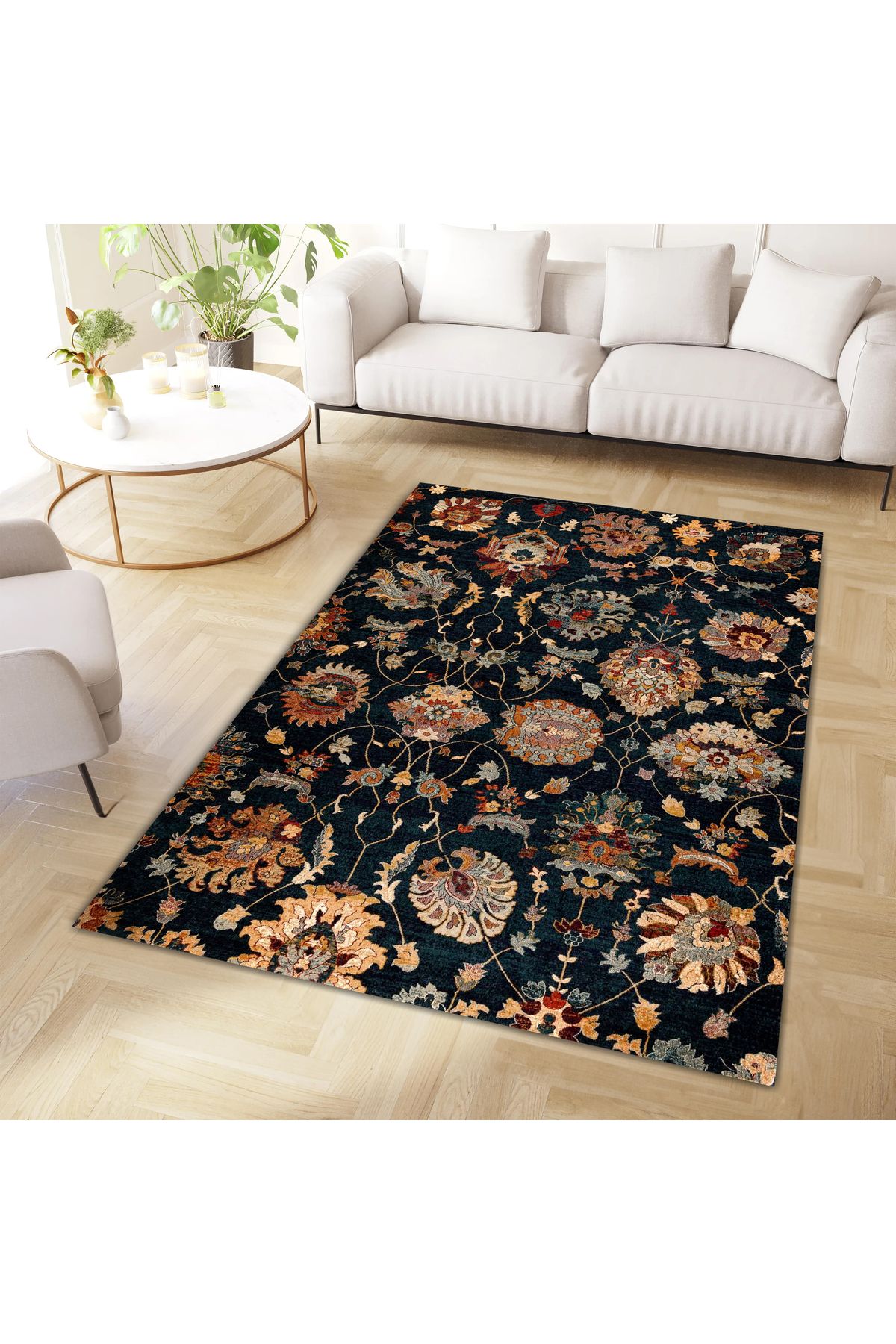 Kuzey Koleksiyonu Koyu Tonlarda Etnik Desenli Dokuma Taban Dekoratif Halı kuzey39