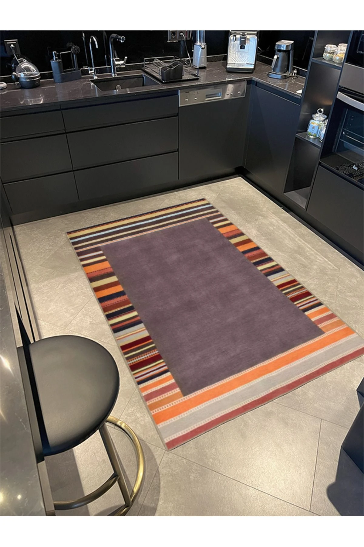 Çizgili Renkli Kahverengi DikdörgenDesenli Dokuma Taban Halı miravip969