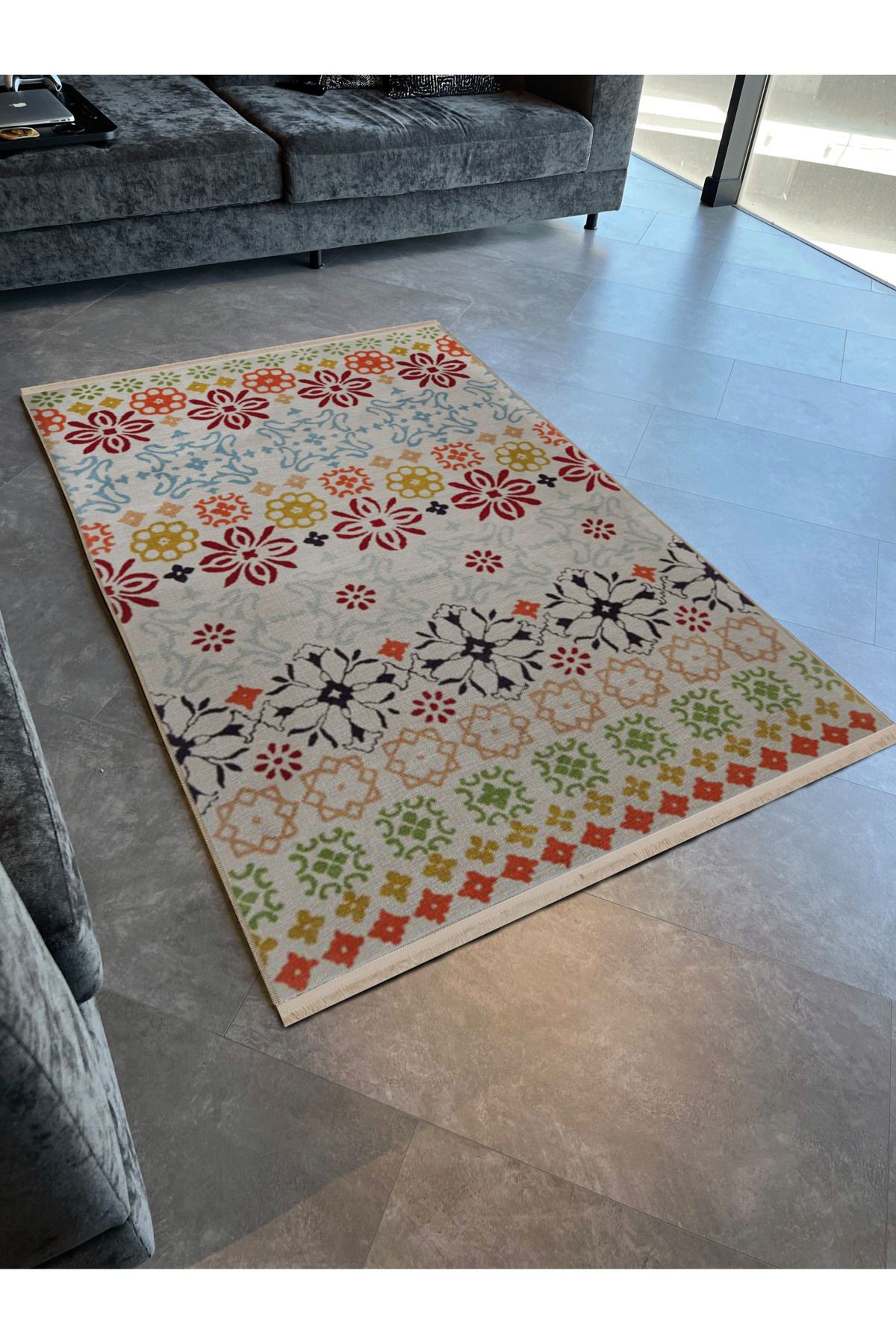 Açık Ton Çok Renkli Motifli Etnik Çiçek Desenli Kreatif Vintage Dekoratif Halı 2801
