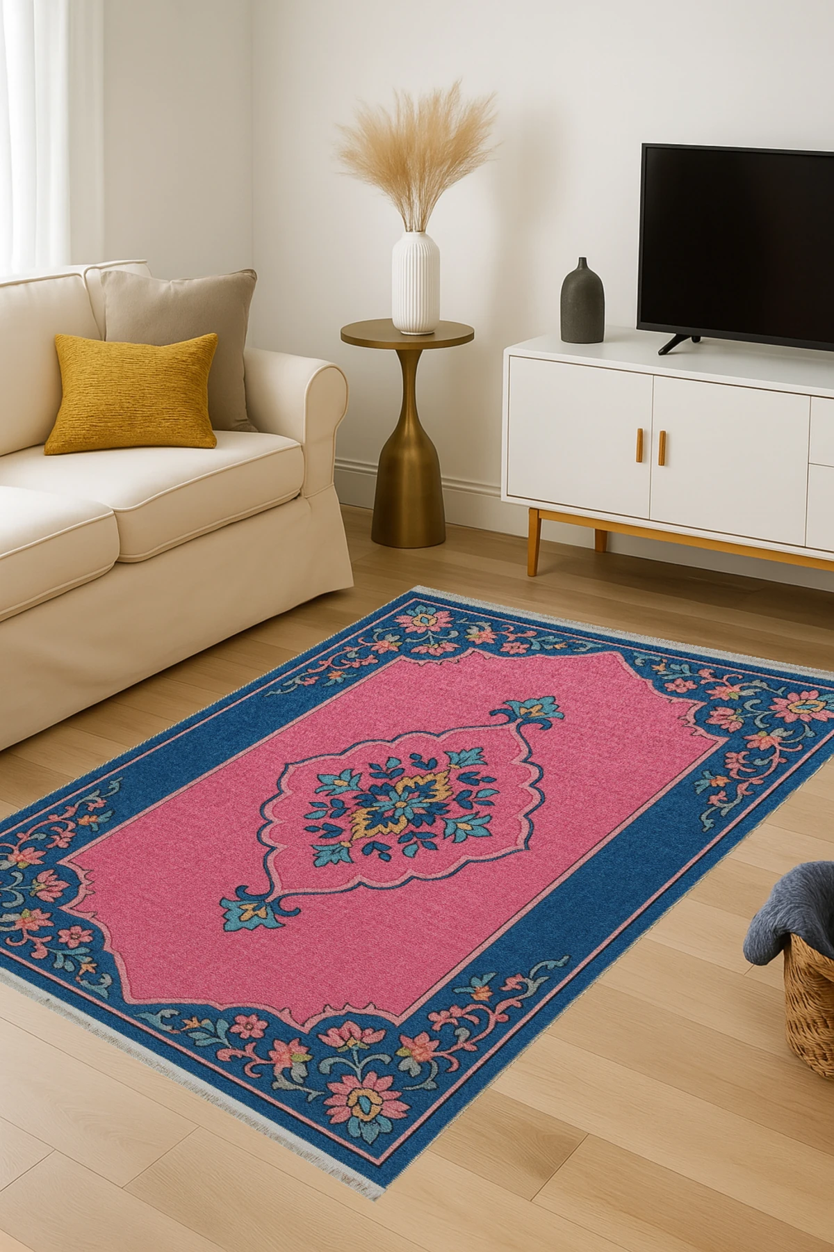 MOSSO Lacivert Pembe Temalı Etnik Motif Desenli Dokuma Taban Dekoratif Halı mosso315