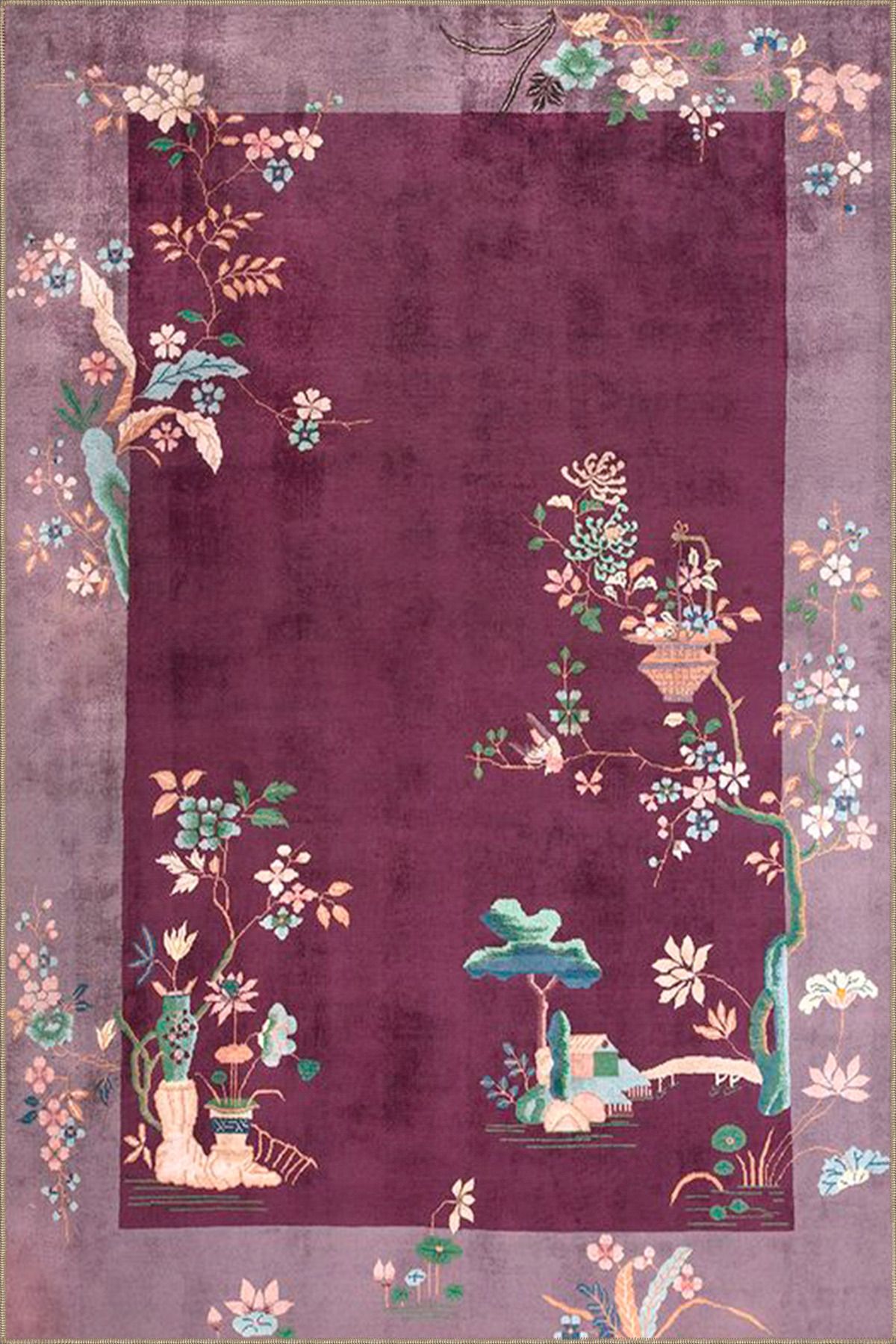 Lacivert Sarmaşık Çiçekli Modern Desenli Dokuma Taban ve Dekoratif Yıkanabilir Halı miravip8572