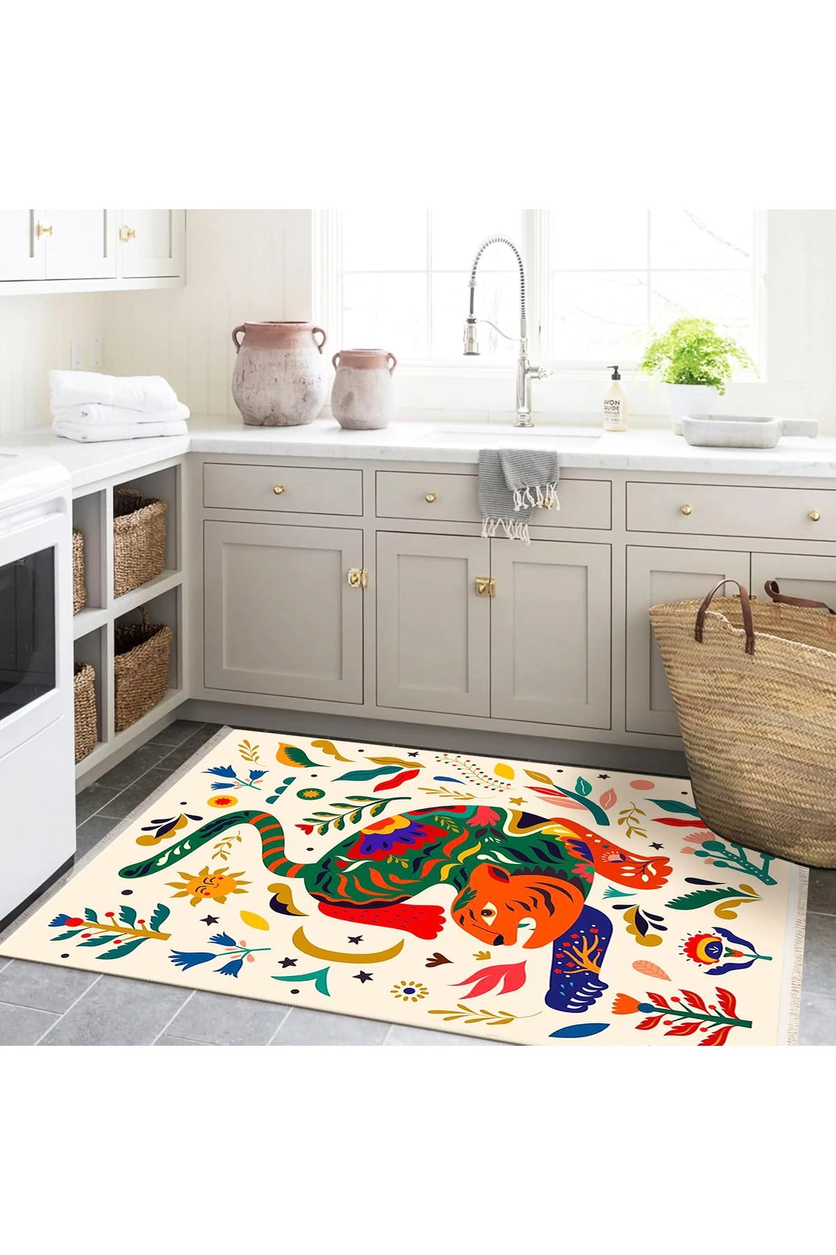 Özge Koleksiyonu Çok Renkli Güneş Kaplan Çiçek Desenli Dokuma Taban Modern Dekoratif Halı özge51