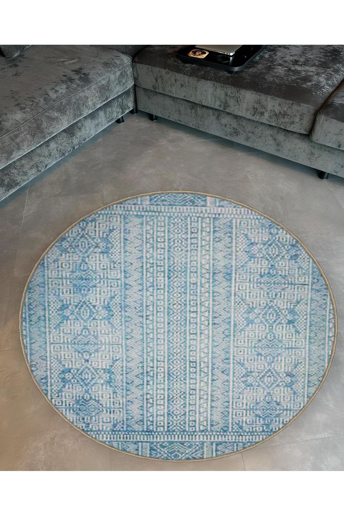 Mira Yuvarlak Açık Mavi Beyaz Etnik Desenli Dokuma Taban Modern Dekoratif Halı 5548