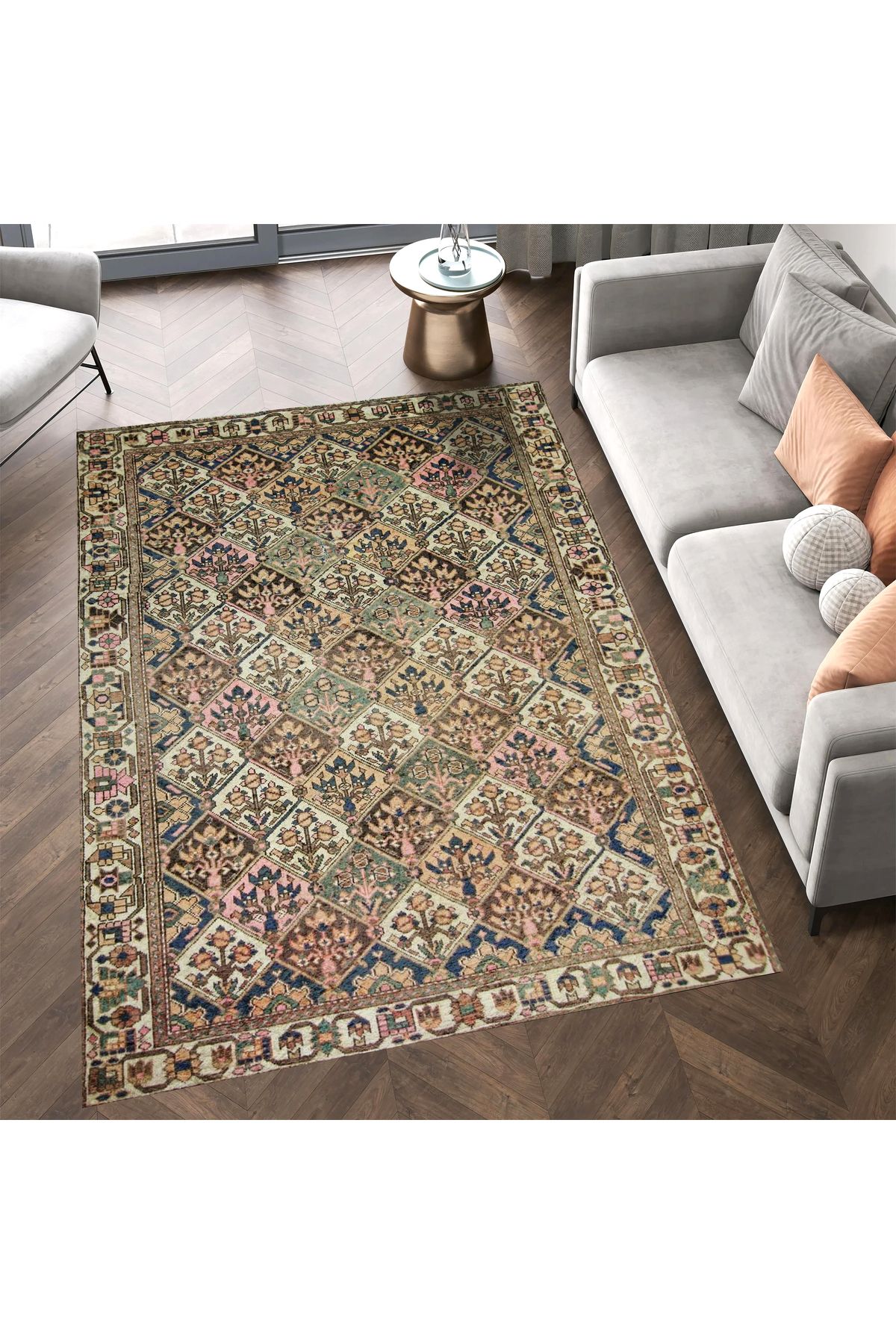 Mete Koleksiyonu Çok Renkli Etnik Çiçek Motifleri Desenli Vintage Dekoratif Halı 07