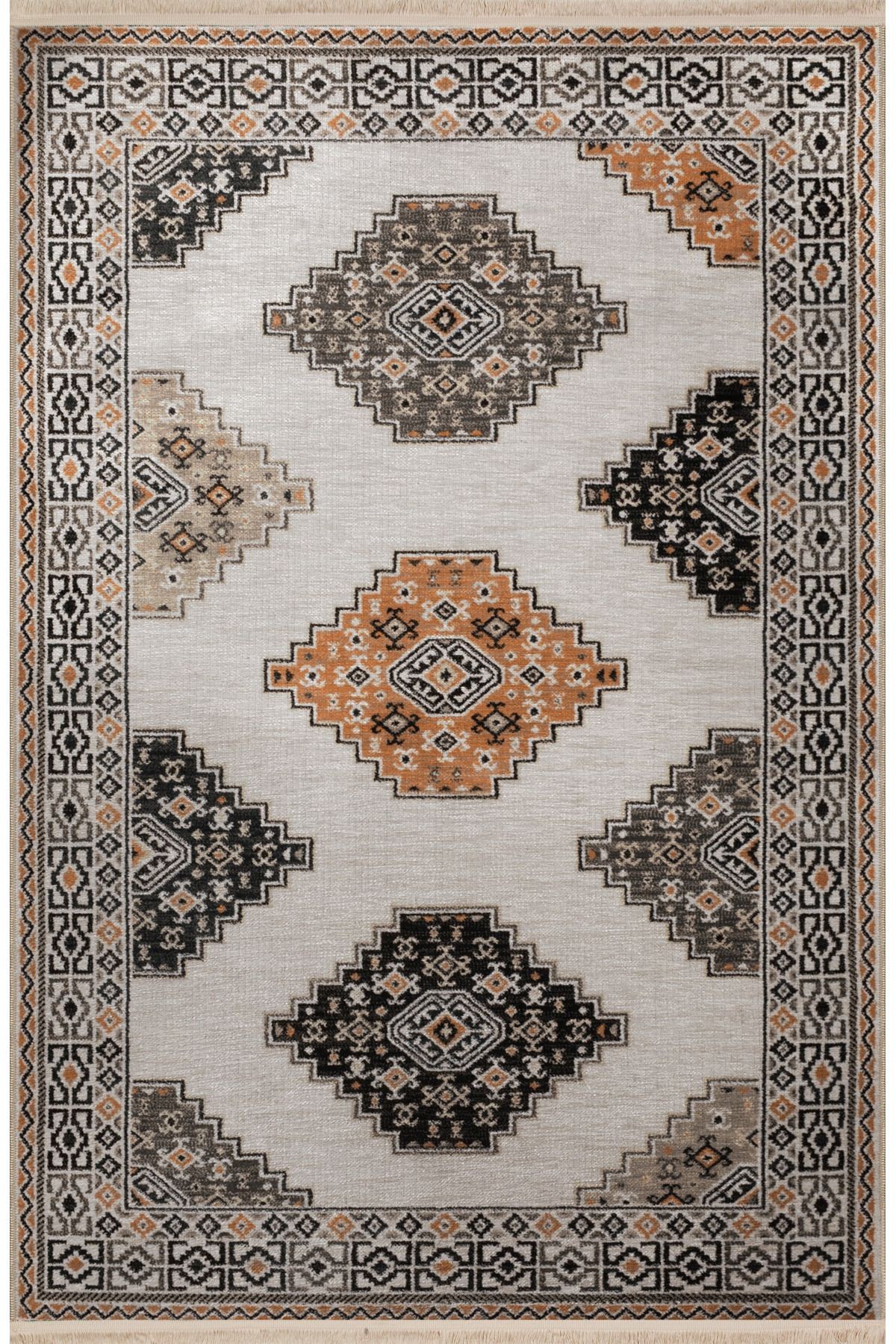 Gri Temalı Çok Renkli Geleneksel Motif Desenli Kreatif Vintage Dekoratif Halı 2850