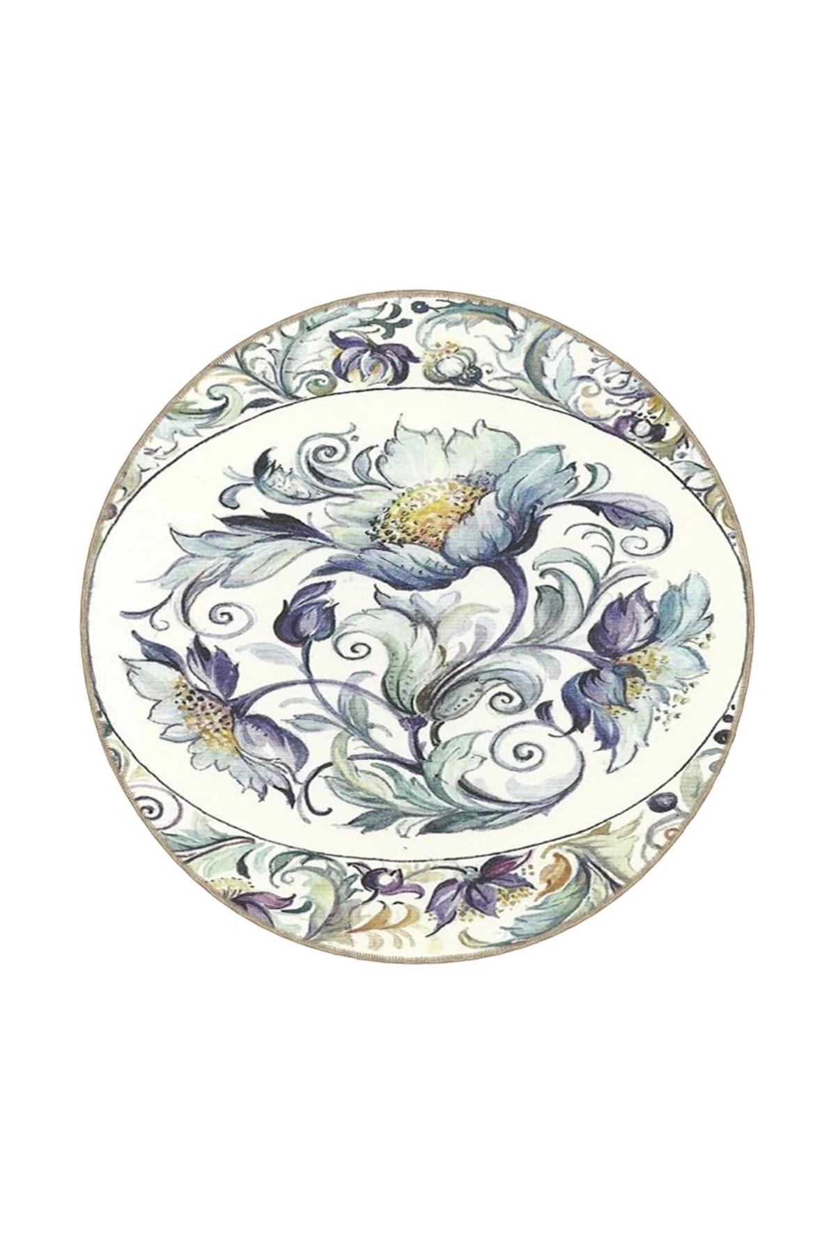 Krem Tonlarında Güllü Mavi Modern Dekoratif Halı miravip283