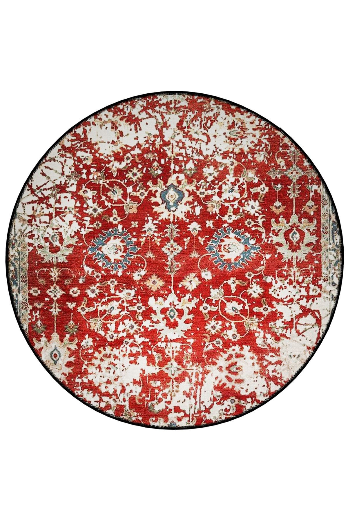 Kırmızı Temalı Etnik Motifli Geleneksel Desenli Yuvarlak Dokuma Taban Vintage Dekoratif Halı 6205