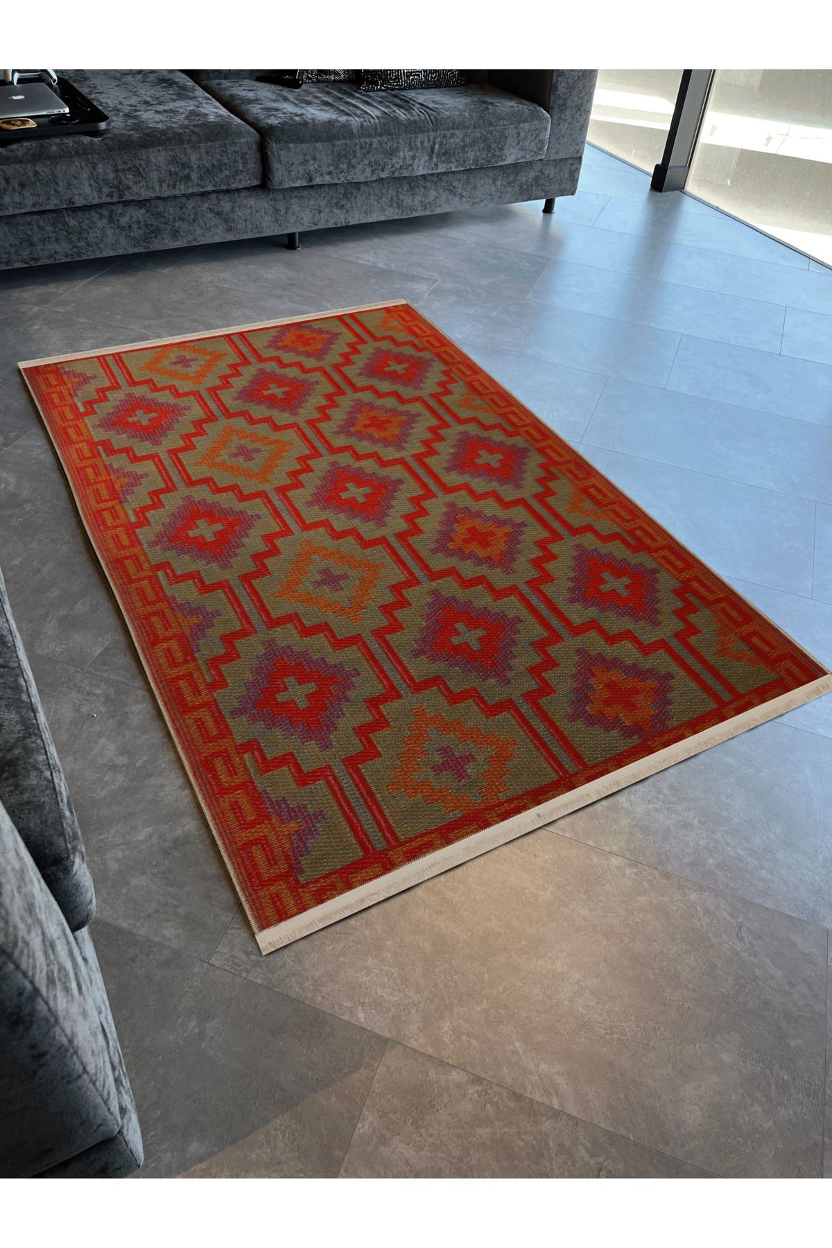 Turuncu Temalı Motifli Geometrik Desenli Saçaklı Vintage Dekoratif Halı 3093